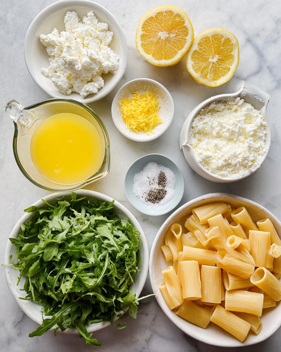 The image shows an overhead view of various ingredients on a white marbled surface. There is a white bowl filled with large rigatoni pasta pieces at the bottom right. Above it to the right is a small white bowl filled with finely grated white cheese. Next to it is a white juicer placed inside a white bowl holding freshly squeezed yellow lemon juice. Above that, two lemon halves with a bright yellow rind and juicy interior are placed side by side. To the left, a clear glass measuring cup filled with white, crumbly ricotta cheese is visible. Above it, a small white bowl holds bright yellow lemon zest. Above that, a small gray bowl contains white salt and black pepper. Finally, at the bottom left, a larger white bowl is filled with fresh, green arugula leaves. The image is bright with natural light, showing clear textures of each ingredient. photo taken with an iphone --ar 4:5 --v 7