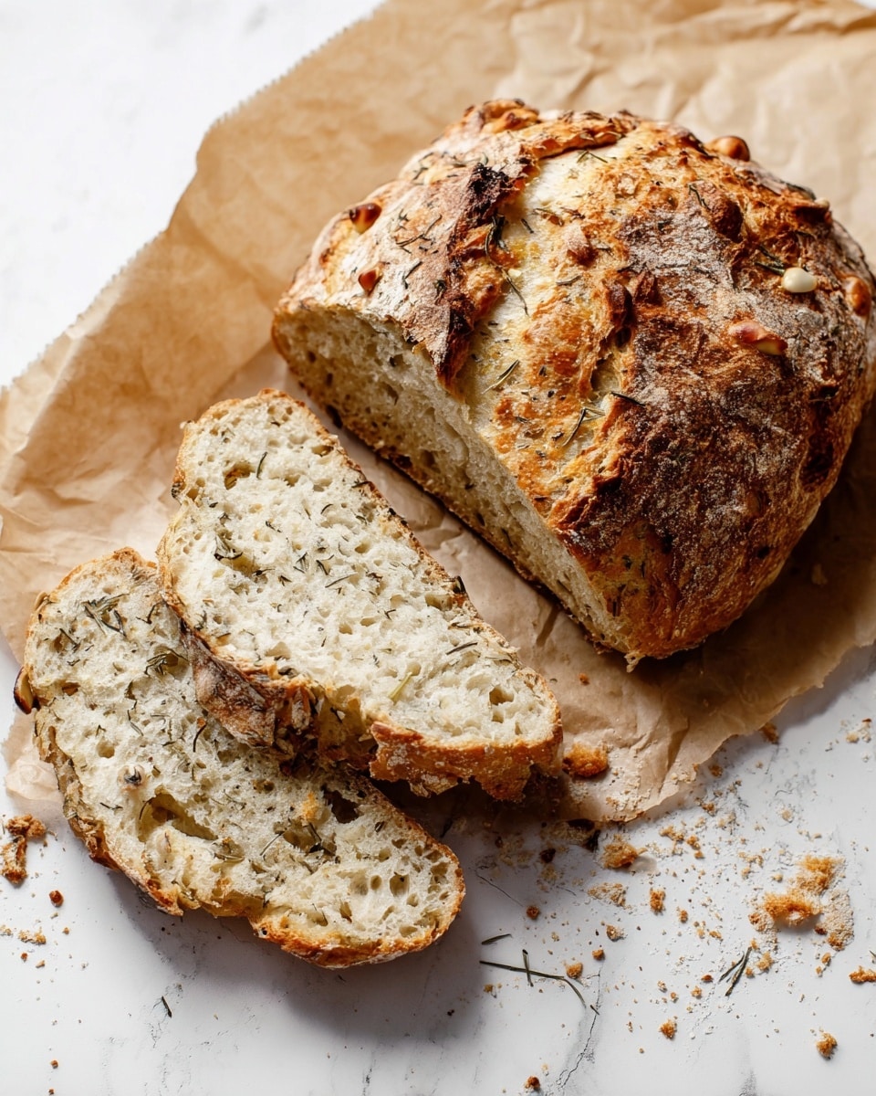A loaf of rustic bread with a golden brown crust that has rough, textured cracks and small pieces of nuts embedded on top. The bread is partly sliced, showing two thick slices with a light creamy interior filled with small air holes and bits of herbs. The slices and the loaf rest on a piece of brown parchment paper on a white marbled surface with scattered crumbs around. photo taken with an iphone --ar 4:5 --v 7