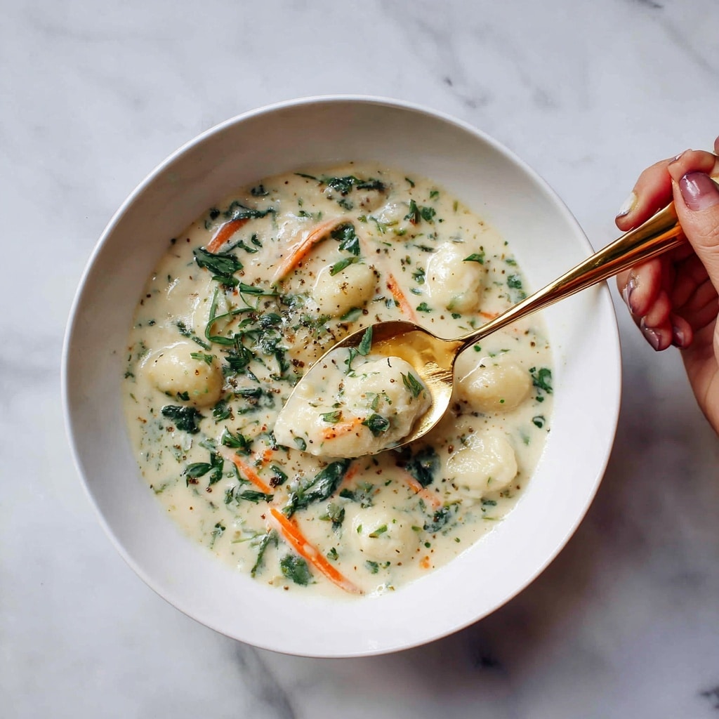 A close-up view of creamy white soup in a white shallow bowl on a white marbled surface, with small potato pieces, finely chopped green herbs, and thin orange carrot strips mixed in; a woman's hand holds a gold spoon lifting a spoonful of thick, smooth soup with potato chunks. photo taken with an iphone --ar 4:5 --v 7