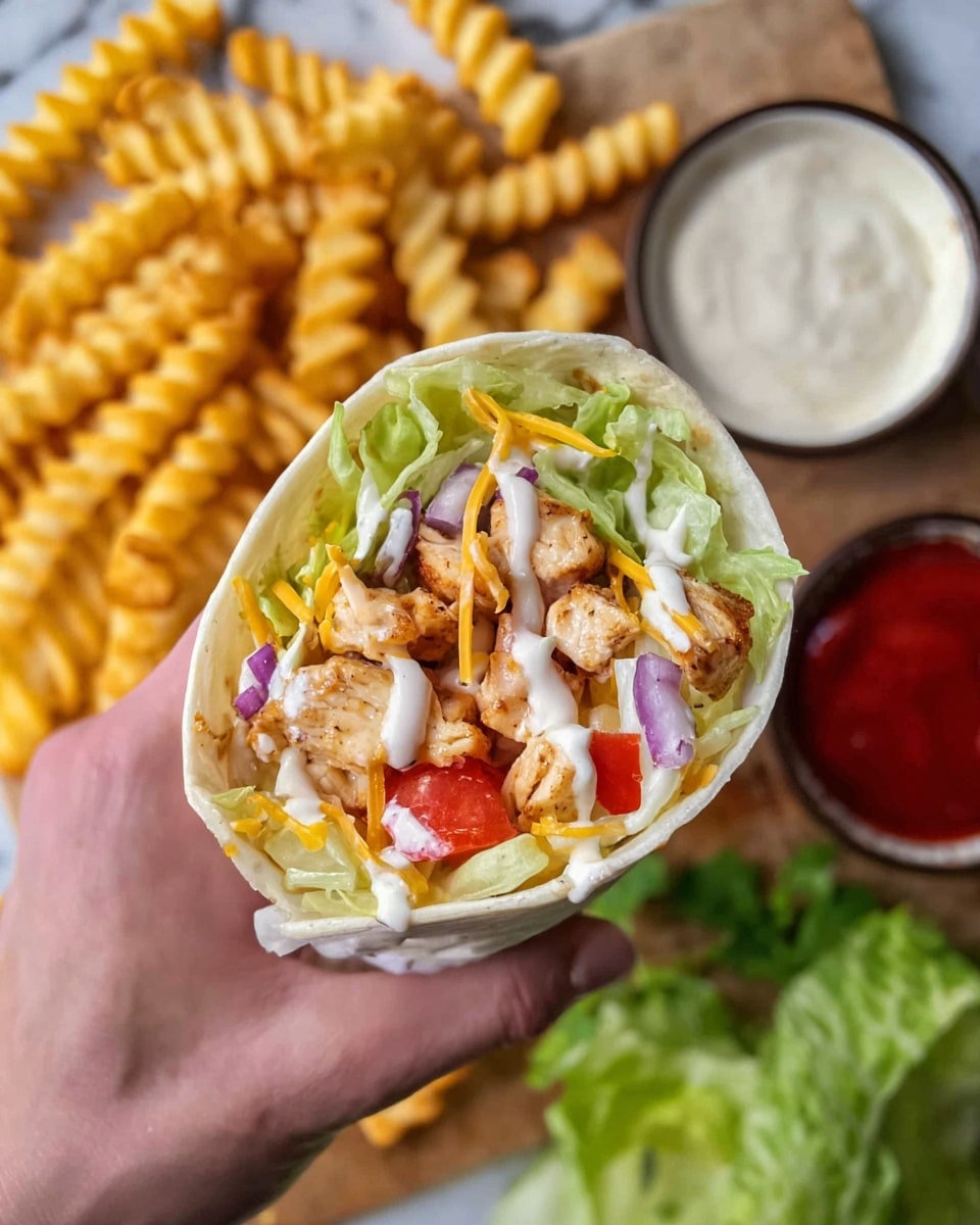 A close-up view of a wrap held by a woman's hand shows several layers: starting with a soft white tortilla holding chunks of cooked, light brown chicken, bright red tomato pieces, shredded pale yellow cheddar and white cheese, creamy white sauce, finely chopped light green lettuce, and bits of purple onion. In the background, crinkle-cut golden fries are scattered on a white marbled surface along with a dark rimmed white bowl of red ketchup and another with creamy white sauce, and a small leafy green lettuce. photo taken with an iphone --ar 4:5 --v 7