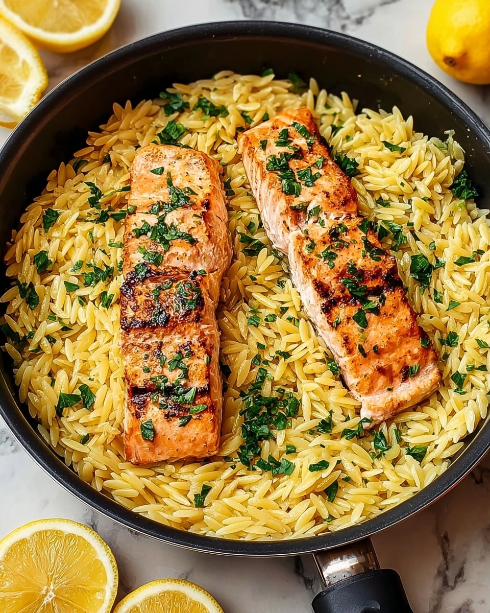 The image shows a black pan filled with a layer of yellow orzo pasta spread evenly at the bottom, with small chopped green herbs sprinkled on top. On top of the pasta, there are two pieces of cooked salmon placed side by side, each with a light pink color and charred grill marks, garnished with more green herbs. The pan is set on a white marbled surface, with two lemon halves and a whole lemon placed nearby. Photo taken with an iphone --ar 4:5 --v 7