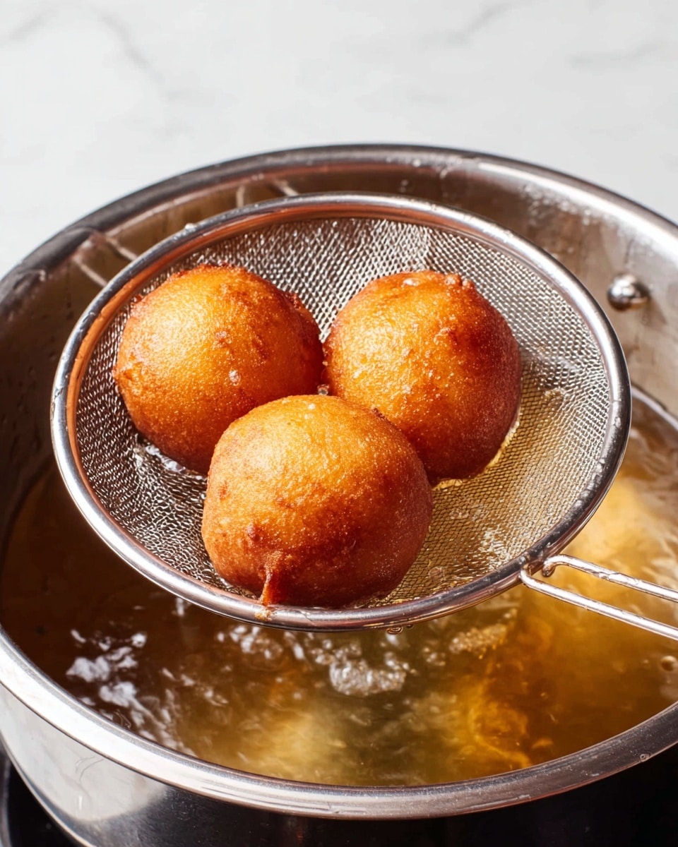 The image shows three golden-brown fried dough balls resting on a fine metal strainer held over a large stainless steel pot filled with hot oil. The dough balls have a slightly rough texture with a crispy outer layer and a shiny surface from the oil. The pot has a smooth metallic finish with some reflections, and the background is a clean white marbled texture. photo taken with an iphone --ar 4:5 --v 7