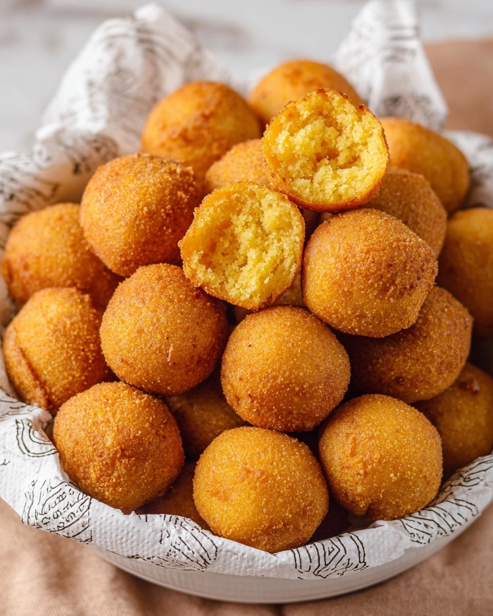 A white bowl filled with many small, round, golden-brown fried balls that have a slightly rough and crispy texture. One ball is broken in half and placed on top, showing a dense, crumbly, bright yellow inside. The bowl is lined with white paper with black patterns, and the bowl sits on a white marbled surface. The overall look is warm and inviting, with a focus on the crispy texture and bright yellow inside of the fried balls photo taken with an iphone --ar 4:5 --v 7
