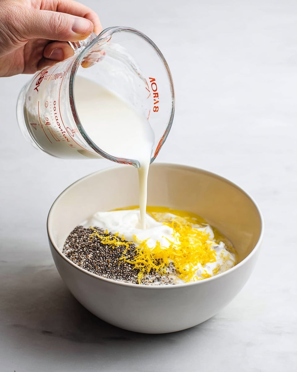 A white bowl sits on a white marbled surface, filled with several layers. The first layer at the bottom is small black chia seeds with their textured round shapes, followed by a layer of smooth white yogurt placed in the middle. Shredded yellow lemon zest is sprinkled on top of the yogurt, with a light honey-colored liquid visible under and around it. A woman's hand is pouring white milk from a clear glass measuring cup into the bowl, adding a smooth flowing layer over the other ingredients. The background is plain light, keeping the focus on the bowl and pouring milk photo taken with an iphone --ar 4:5 --v 7