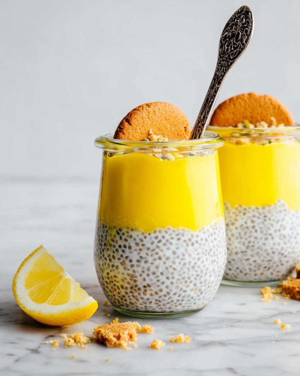 Two glass jars filled with three visible layers sit on a white marbled surface. The bottom and top layers consist of white chia seed pudding with small black chia seeds throughout, giving a dotted texture. The middle layer is bright yellow with a smooth texture, likely mango puree. Each jar has a small golden brown cookie placed on top, leaning against an intricate black metal spoon. Crumbled cookie pieces and a lemon wedge rest on the white marbled surface near the jars. The photo taken with an iphone --ar 4:5 --v 7