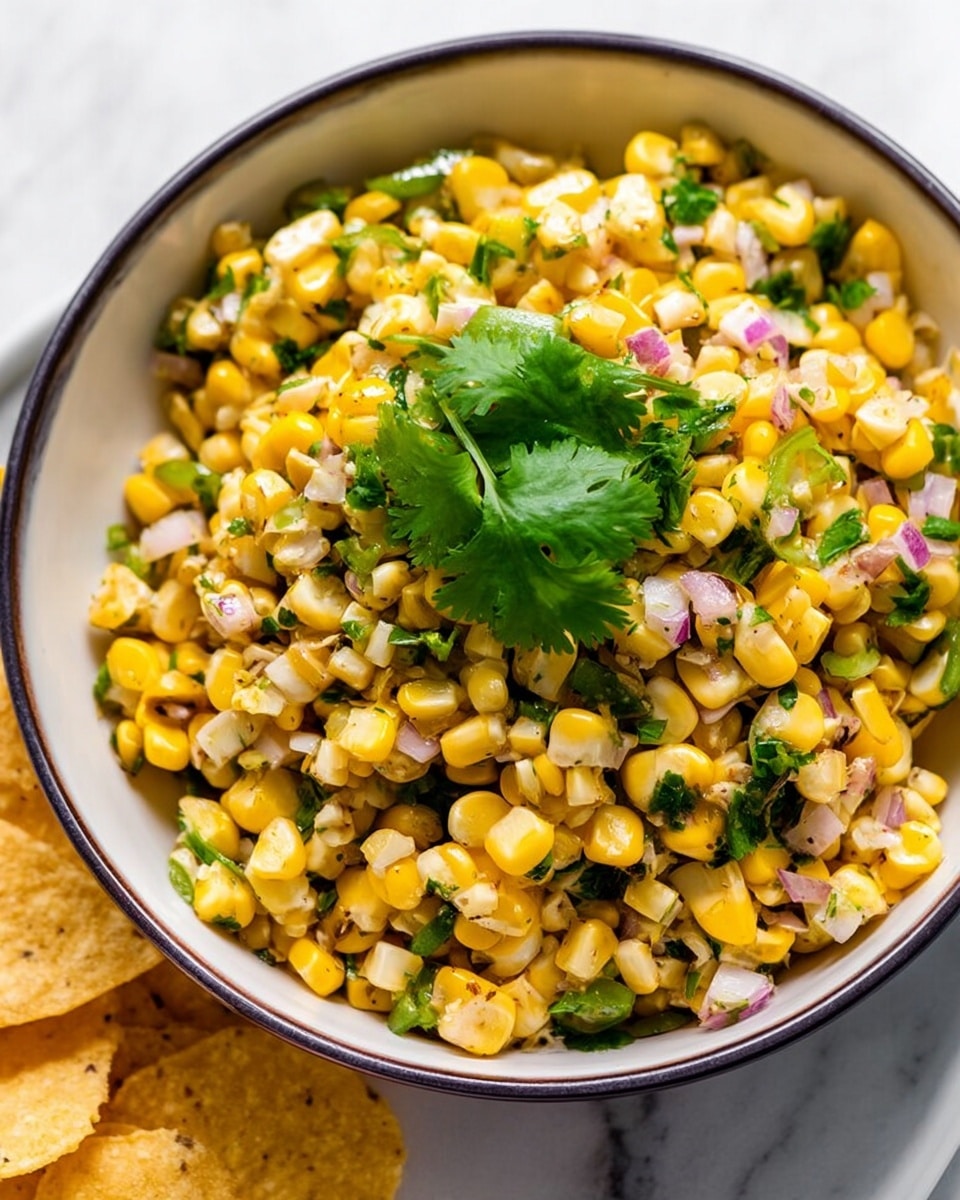 A white bowl with a dark rim is filled with a colorful corn salad. The salad has several layers: bright yellow corn kernels mix with small pieces of green jalapeños and chopped fresh cilantro leaves. There are also bits of light purple onions scattered throughout. A few larger cilantro leaves sit on top in the middle as decoration. The bowl sits on a white marbled surface with some round tortilla chips around it. The image shows a close-up view focusing on the texture and colors of the fresh ingredients photo taken with an iphone --ar 4:5 --v 7