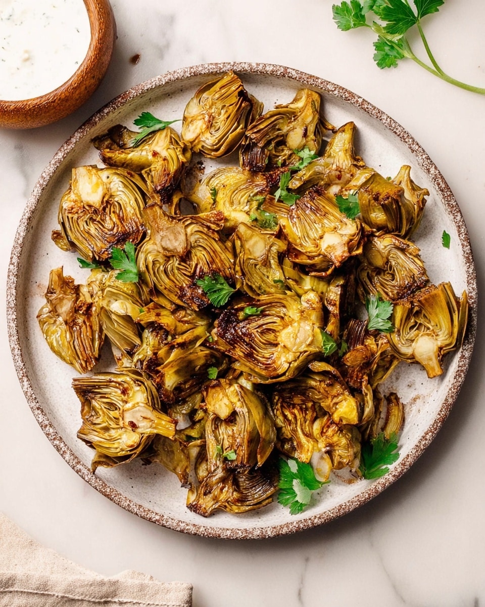 The image shows a white textured round plate filled with many pieces of roasted artichoke hearts. The artichoke pieces are golden brown with some darker charred edges, giving them a crispy look. There are a few small green parsley leaves scattered on top, adding a fresh touch. The plate sits on a white marbled surface. In the upper left corner, there is a small round wooden bowl with a white sauce inside, and part of a woman's hand holding a cloth is visible near the lower left corner. photo taken with an iphone --ar 4:5 --v 7