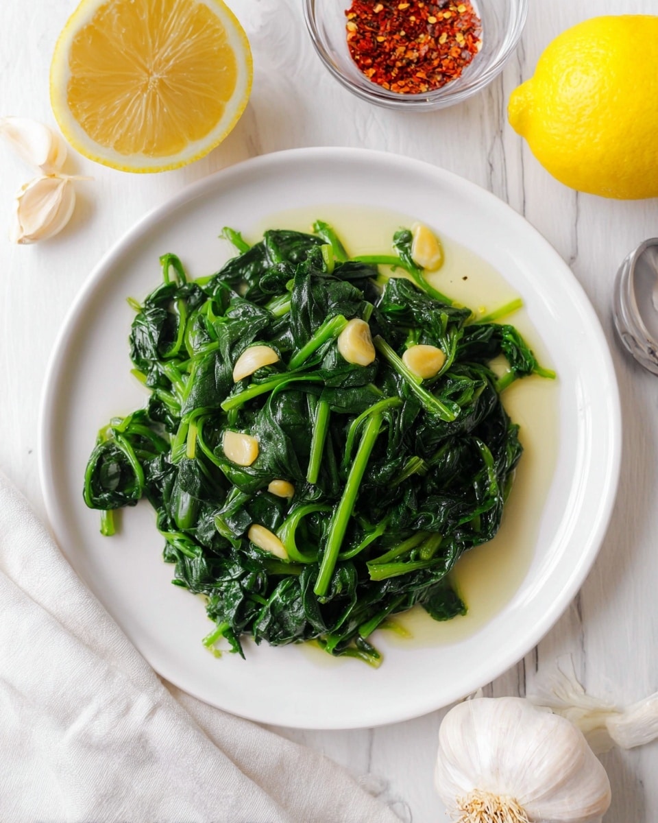 A white plate holds a single layer of cooked dark green spinach mixed with bright green stems, with shiny olive oil giving a soft gloss, and several small light yellow garlic pieces scattered evenly among the greens. Around the plate on the white marbled surface, there is a halved lemon showing its pale yellow inside on the left, a whole bright yellow lemon on the upper right, a clear glass bowl filled with crushed red chili flakes in the upper left, and a whole garlic bulb with white skin and brownish bottom on the bottom right. A white cloth is partially visible at the bottom left edge. Photo taken with an iphone --ar 4:5 --v 7