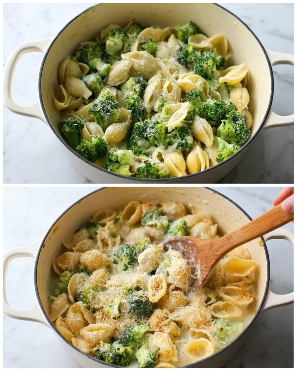 The image shows a white pot filled with a pasta dish made of shell-shaped pasta, small broccoli florets, and a creamy sauce. In the first image, the pasta and broccoli are visible in separate layers, with the pasta on the bottom and broccoli spread evenly on top, sprinkled with grated cheese that adds a grainy, light texture. The broccoli is bright green, and the pasta is pale yellow. The second image shows a woman's hand holding a wooden spoon stirring the same creamy mix inside the white pot, blending the pasta, broccoli, and cheese sauce together, making the dish look smooth and creamy with green and pale yellow colors mixed. The background surface is white marble. photo taken with an iphone --ar 4:5 --v 7