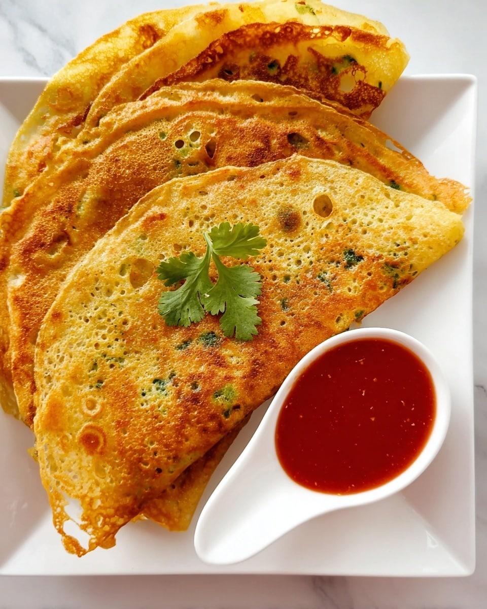 The image shows three folded, golden brown pancakes with a holey texture and slight green herb spots, arranged closely on a white square plate over a white marbled surface. On the upper part of the pancakes, there is a green coriander leaf as garnish. In the lower right corner of the plate, a white spoon-shaped dish holds a smooth, glossy red sauce. The pancakes have a crispy look with some charred edges and irregular shapes. Photo taken with an iphone --ar 4:5 --v 7
