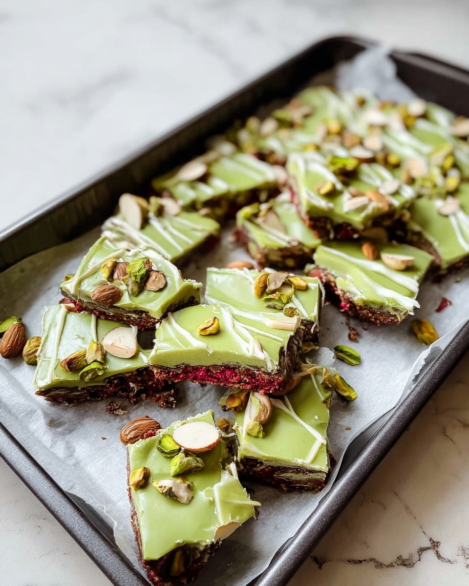 The image shows a black tray lined with parchment paper holding irregularly broken pieces of a dessert bark. The bottom layer is a reddish crust with a rough texture, topped with a smooth, thick light green layer drizzled with more of the same green topping in thin lines. Scattered on top are sliced almonds and a few green pistachio nuts adding texture and color contrast. The tray rests on a white marbled surface with soft natural light highlighting the glossy green layer photo taken with an iphone --ar 4:5 --v 7