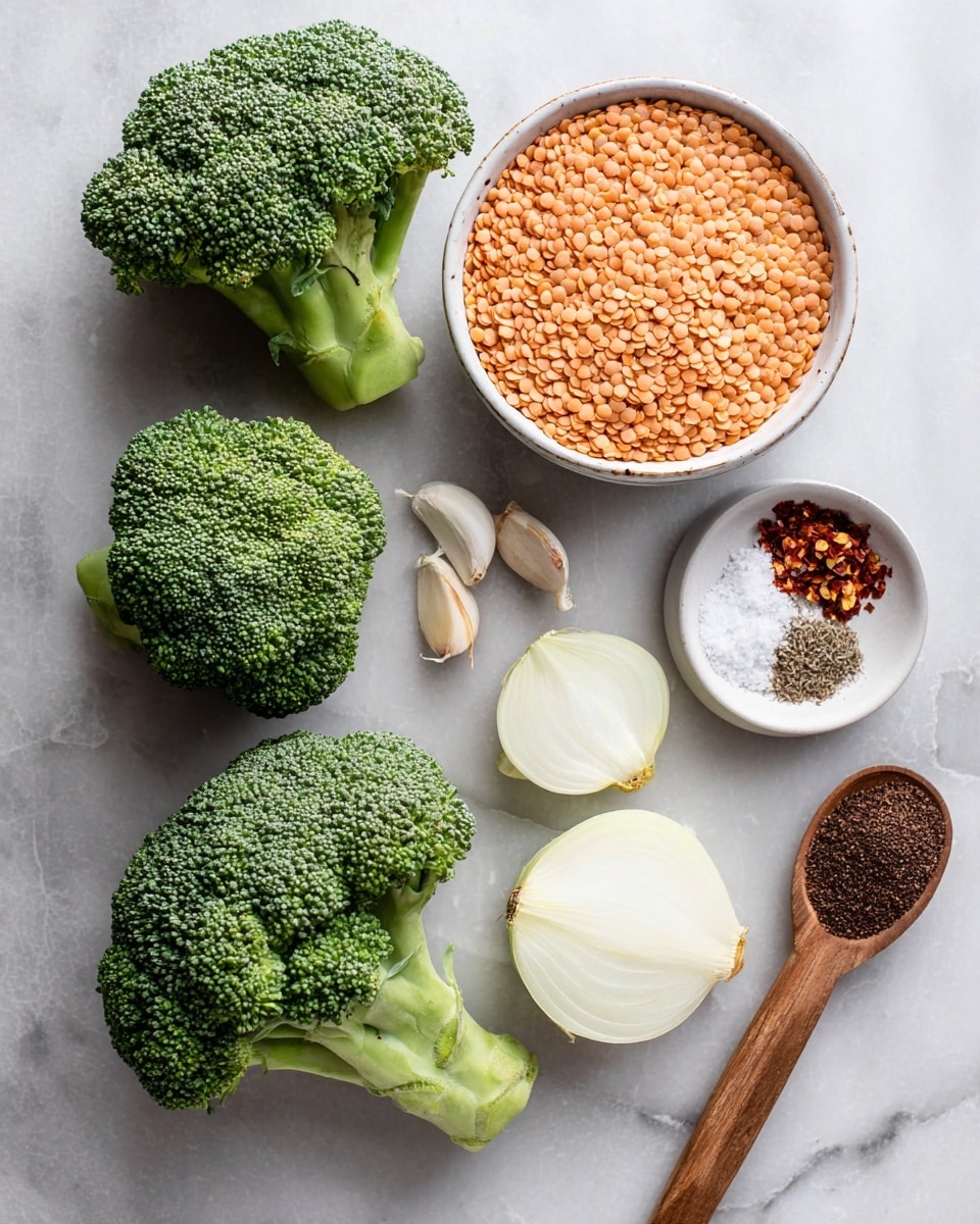 The image shows fresh ingredients arranged on a white marbled surface. There are three bright green broccoli heads placed on the left side with a rough texture. To the right, a white bowl is filled with small, round, orange lentils. Below the broccoli and lentils, two onion halves with white layers and light brown skins lie next to a whole garlic bulb. A small white round plate holds a mix of salt, black pepper, and white pepper. Nearby, a small white bowl contains red chili flakes, and at the bottom, a wooden spoon holds dark brown powder. Photo taken with an iphone --ar 4:5 --v 7