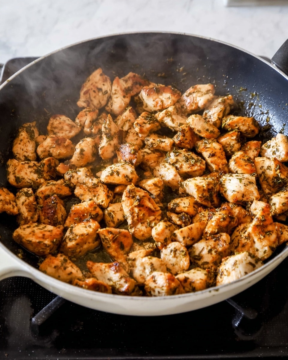 A white pan filled with small pieces of cooked chicken evenly spread inside. The chicken pieces are seasoned with herbs and spices, showing a mix of light brown to golden color with specks of green herbs on the surface. The pan rests on a black stovetop, and some steam rises gently from the chicken, indicating it is hot and freshly cooked. The background is a white marbled textured surface. photo taken with an iphone --ar 4:5 --v 7