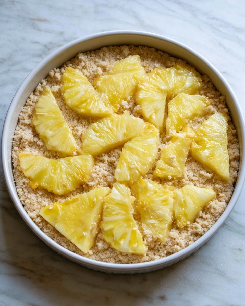 A round white baking pan holds a base layer of light beige crumbly crust with a rough texture. On top, there are two layers of yellow pineapple slices arranged close together, covering the whole surface in an irregular pattern. The pineapples have a juicy, slightly shiny look with some pale orange spots. The white marbled surface is under the pan. photo taken with an iphone --ar 4:5 --v 7