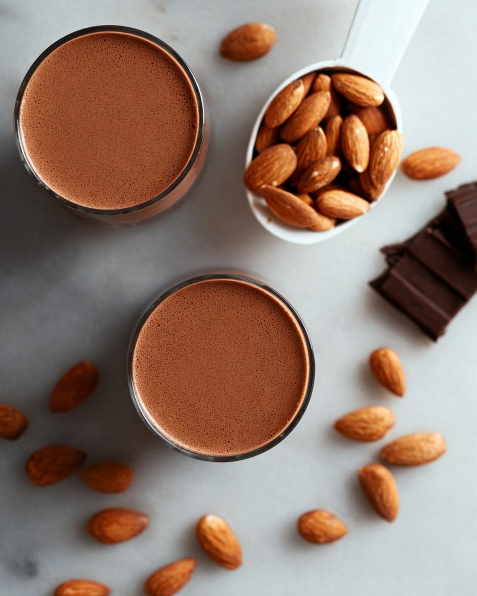 Two clear glasses filled with smooth, creamy brown chocolate almond milk are placed on a white marbled surface. One glass is near the top left corner and the other slightly towards the center bottom. Around the glasses, whole light brown almonds are scattered, along with a white scoop filled with more almonds positioned at the top right. Pieces of dark chocolate can be seen near the top middle and left edges, adding contrast to the scene. The overall look is clean and simple with a focus on the rich brown color of the drink against the light almonds and white marble photo taken with an iphone --ar 4:5 --v 7
