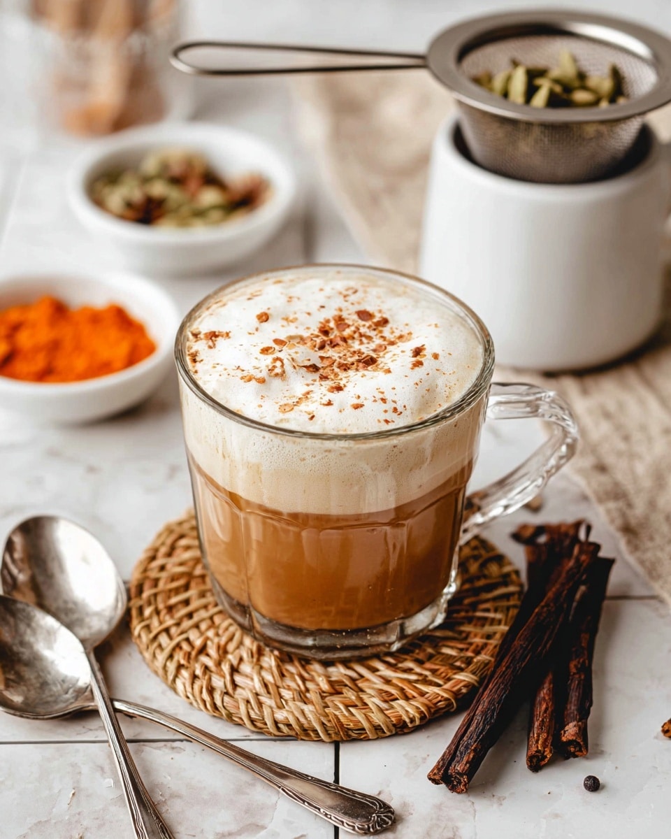 The image shows a glass cup filled with a light brown drink with three visible layers: a darker bottom layer, a lighter middle layer, and a thick white foam on top sprinkled with fine brown spice bits. The cup sits on a small round woven coaster, placed on a white marbled tiled surface. To the right of the cup are two dark cinnamon sticks. In the background, slightly out of focus, there is a white cup with a fine strainer resting on it, holding whole spices including cinnamon sticks and cardamom pods. On the left, there are two small white bowls, one with orange paste and the other with cinnamon sticks and cardamom pods. Two old silver spoons lie in front of the cup on the marble surface. Photo taken with an iphone --ar 4:5 --v 7