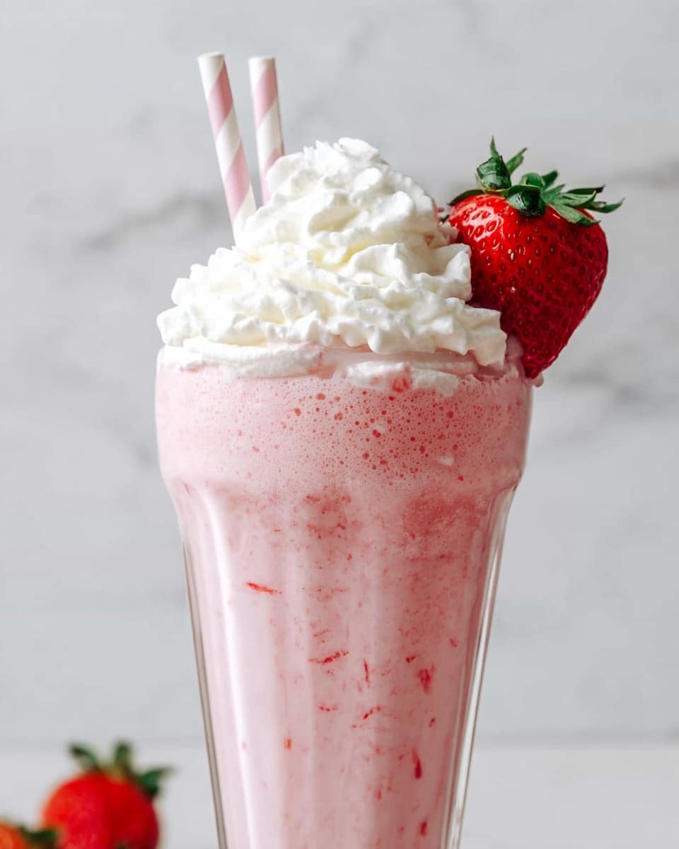 The image shows a tall clear glass filled with a pink strawberry milkshake that has a thick, textured look with small bits of strawberry visible inside. The milkshake is topped with a generous layer of white whipped cream, overflowing slightly down the sides. A whole, bright red strawberry with green leaves sits on top of the whipped cream. Two white straws with pink stripes stand upright inside the glass. The background is a white marbled texture. photo taken with an iphone --ar 4:5 --v 7