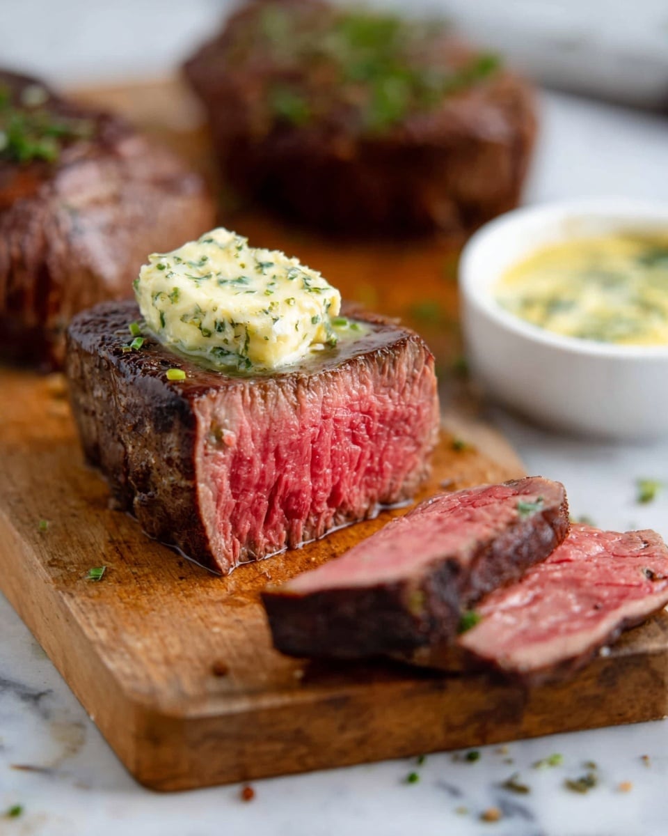 A piece of thick steak sits in the center on a wooden board, showing three layers: a pink juicy inside, a thin soft brown cooked layer surrounding it, and a darker crisp outer edge. On top of the steak, there is a dollop of light yellow butter mixed with green herb pieces and tiny black pepper specks. Two slices of the steak lie in front, showing the pink inside and darkened outer edges. In the blurry background, there is another whole steak piece and a small white bowl filled with the same light yellow butter mixed with green herbs. The surface below the board is a white marbled texture. Photo taken with an iphone --ar 4:5 --v 7