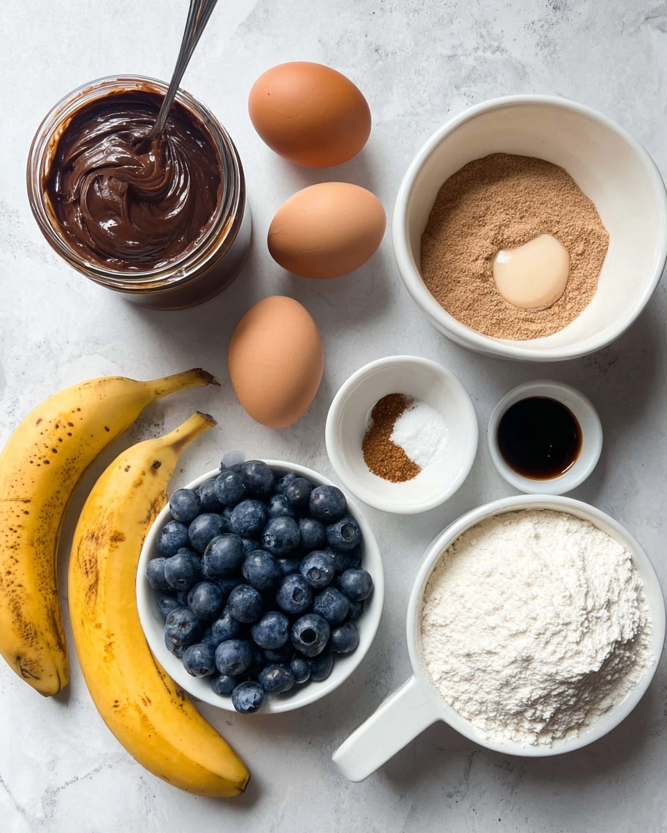The image shows many ingredients for baking on a white marbled surface. There are two ripe bananas with brown spots on the peel, three brown eggs placed around the surface, and a bowl filled with light brown almond flour with one egg on top. A small white bowl contains a dark liquid syrup, and another small white bowl holds a mix of white powder and brown spice. A white bowl in the middle is full of fresh, plump blueberries. On the top left, there is a jar with a thick, smooth chocolate spread and a spoon inside. Lastly, a white measuring cup is filled with white flour, placed near the bottom right. photo taken with an iphone --ar 4:5 --v 7