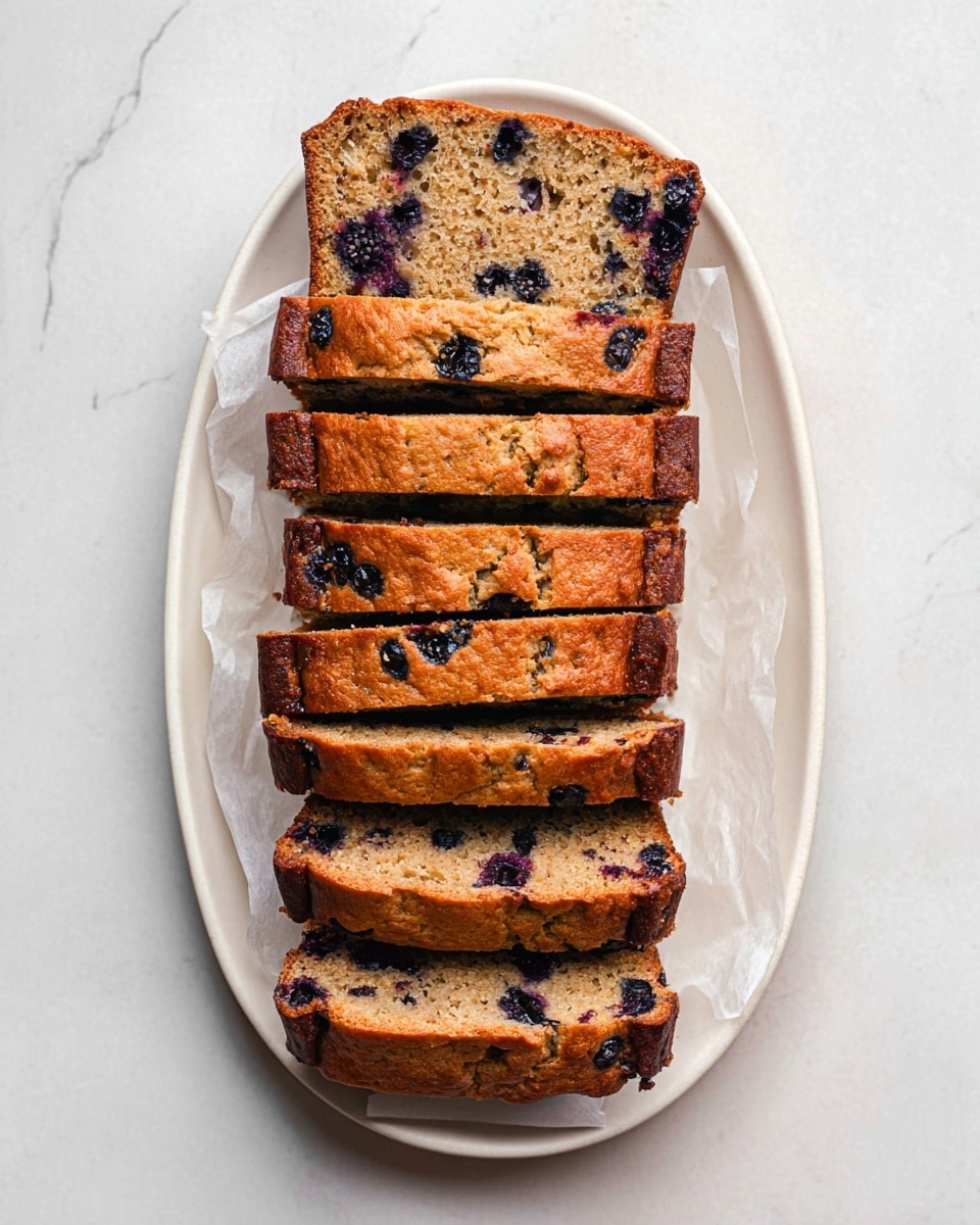 The image shows a loaf of blueberry bread sliced into eight even slices arranged vertically on a white oval plate. The bread has a golden-brown crust with a slightly rough texture, while the inside is light brown with scattered dark purple blueberry spots throughout each slice. The bottom and side edges are darker brown, showing a firm crust. The plate is set on a white marbled surface with a piece of translucent parchment paper partially under the bread. photo taken with an iphone --ar 4:5 --v 7