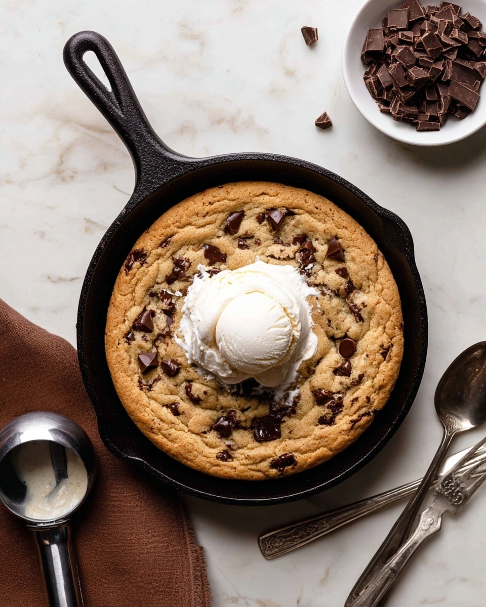 A round, thick, golden-brown cookie sits in a black cast iron skillet, with dark chocolate chunks scattered on top, giving it a textured look. In the center of the cookie, there is one scoop of white vanilla ice cream, slightly melting and softening the cookie beneath it. The skillet is placed on a white marbled surface. To the top right, a small white bowl is filled with dark chocolate pieces. At the bottom left, a metal ice cream scoop rests on a brown cloth. Two silver spoons are placed side by side to the right of the skillet. photo taken with an iphone --ar 4:5 --v 7