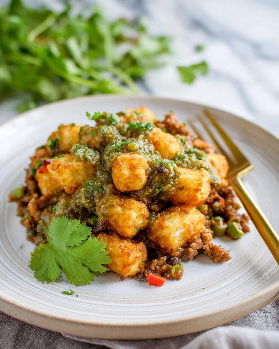 On a white round plate with subtle concentric rings, there is a layered dish featuring a base of browned, crumbly cooked meat mixed with small colorful pieces of green and red vegetables. On top, there is a layer of golden-brown, crispy tater tots, scattered unevenly yet covering most of the meat mixture. The dish is topped with a green chunky sauce drizzled over the tater tots and sprinkled with chopped fresh herbs. A bright green cilantro leaf is placed on the side for garnish. A gold fork rests behind the food, and the plate sits on a white marbled surface with blurred green herbs in the background. photo taken with an iphone --ar 4:5 --v 7