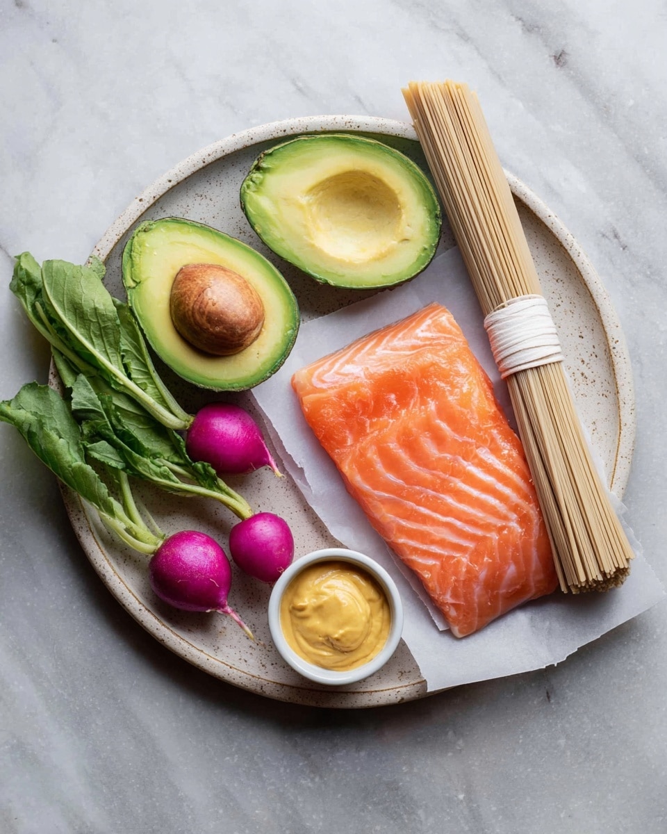A round white speckled plate on a white marbled surface holds several fresh ingredients arranged neatly. There are two halves of a ripe avocado with bright green flesh and a large brown seed in one half, placed near the center. Next to the avocado are three small purple radishes with green leaves attached. A small white bowl filled with smooth, creamy yellow mustard sits near a whole garlic bulb. A rectangular piece of fresh, raw salmon with orange-pink flesh and light diagonal white stripes rests on white parchment paper on one side of the plate. A bundle of thin, beige noodles tied with a white band lies between the salmon and the avocado. Photo taken with an iphone --ar 4:5 --v 7