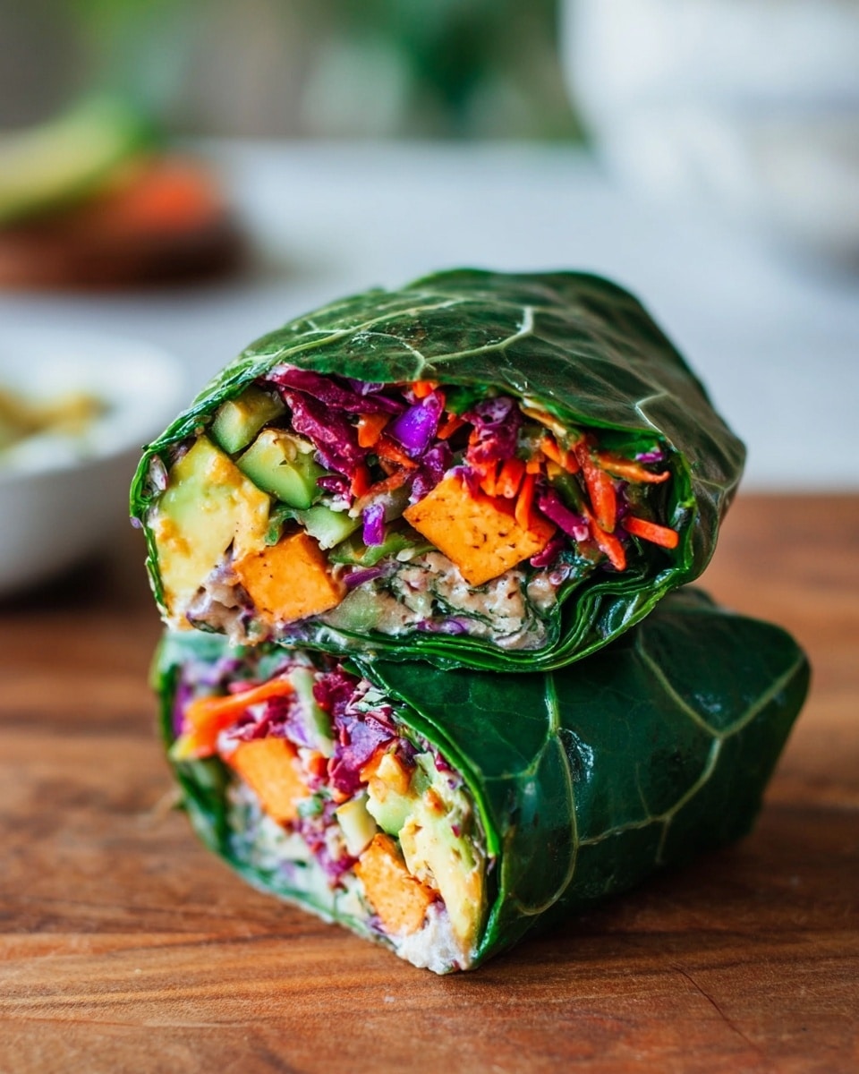 The image shows a close-up of a green leafy wrap cut in half, stacked one on top of the other. The outer layer is a large dark green leaf with visible veins and a glossy texture. Inside, there are multiple colorful layers: bright orange pieces that look like tofu or egg, small diced green avocado chunks, thin shredded orange carrots, tiny bits of purple and red beet, and a creamy light beige spread or dressing that binds everything together. The wrap is placed on a wooden surface, and the background is softly blurred with hints of a white bowl and white marbled texture. photo taken with an iphone --ar 4:5 --v 7