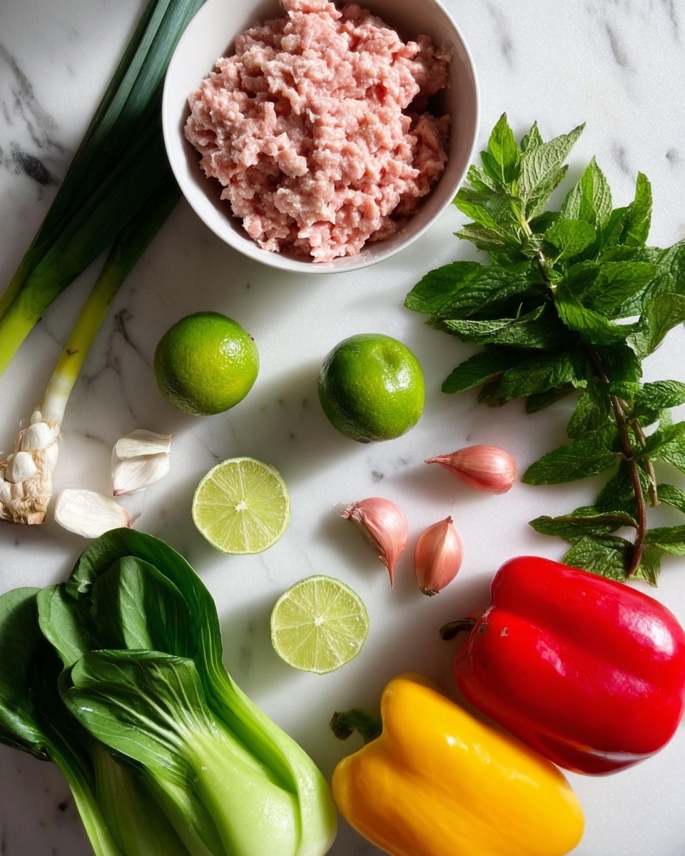 The image shows a white bowl filled with light pink ground meat in the upper left corner, surrounded by fresh vegetables and herbs arranged on a white marbled surface. There are two halved limes with bright green skin and juicy interiors placed near the center. To the right of the limes, two small pinkish shallots sit beside some fresh green herbs, including mint leaves with visible veins. Below the bowl and limes, there are three whole bell peppers—yellow and red—with smooth shiny surfaces. At the bottom, two light green baby bok choy with crisp leaves and white stems are positioned diagonally. A garlic bulb with white skin and a few cloves is near the left side, next to a stalk of green lemongrass and a small green chili. The arrangement is colorful and fresh, showcasing ingredients for cooking a flavorful dish photo taken with an iphone --ar 4:5 --v 7
