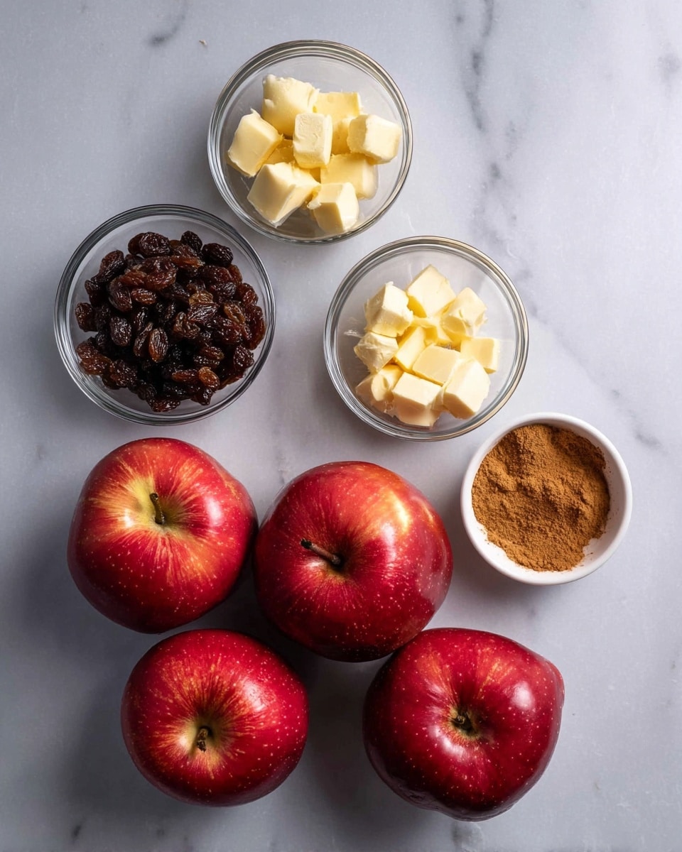 The image shows five bright red apples lined up at the bottom on a white marbled surface. Above the apples, there are three small clear glass bowls arranged in a semi-circle, with dark brown raisins in the left bowl, light yellow cubes of butter in the center bowl, and light brown sugar in the right bowl. To the right of these bowls, there is a small white bowl filled with a mix of cinnamon powder and other brown spices. The overall setup is clean and simple with a focus on the natural colors of the ingredients. Photo taken with an iphone --ar 4:5 --v 7