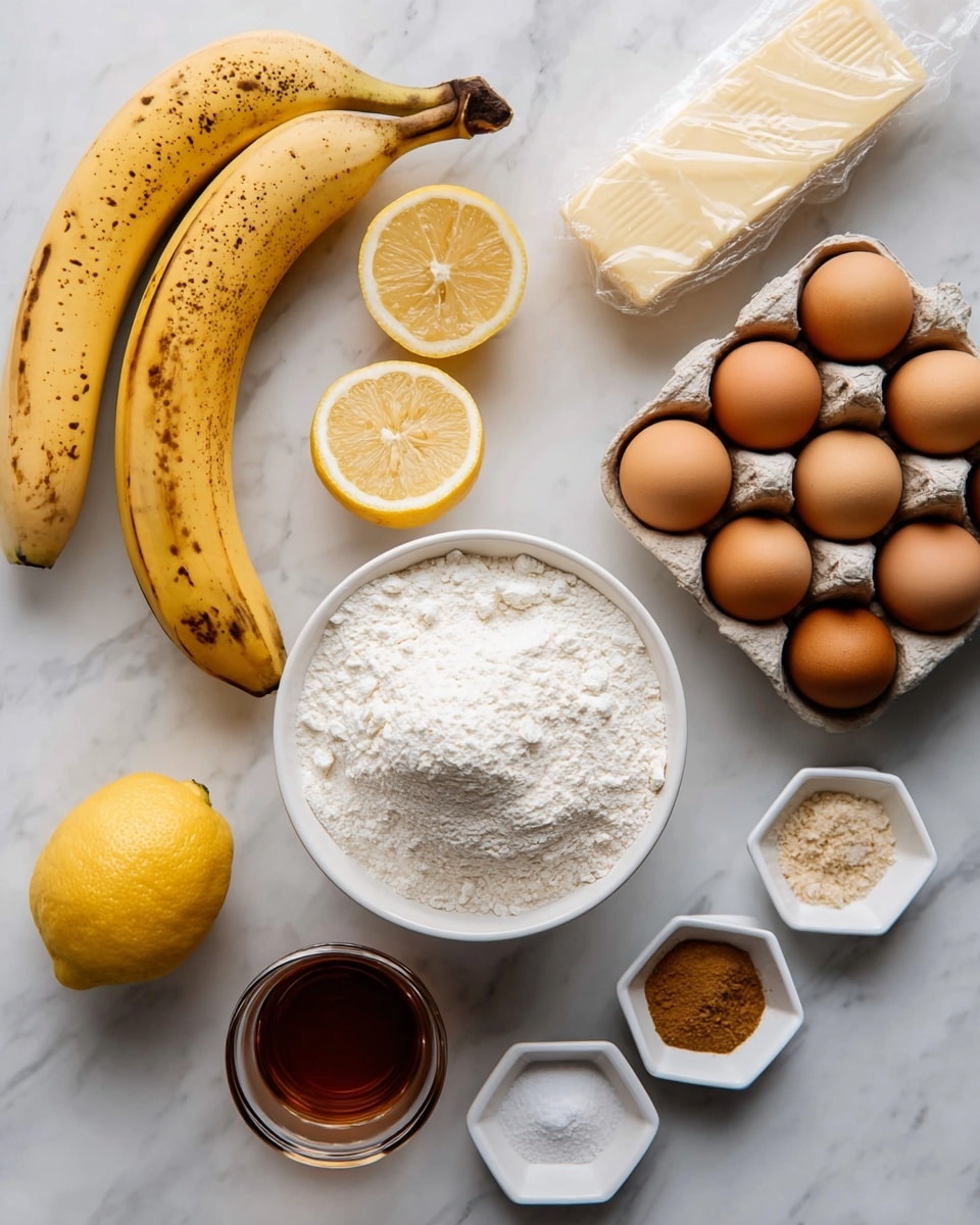 The image shows ingredients for baking arranged on a white marbled surface. There are three ripe yellow bananas with brown spots lying on the left side. Below the bananas, two lemon halves with bright yellow flesh are positioned. At the center, a white bowl filled with white flour sits, with a smooth texture and slight mounds. To the top right of the flour, a carton of six brown eggs with round shapes and smooth shells is placed. Below the eggs, a small clear glass container contains a dark amber liquid, likely syrup or vanilla. On the bottom right, a small white hexagonal dish holds four different powders and granules: white sugar or salt, brown sugar or cinnamon, a tan spice, and a darker brown spice. In the top left corner, a partially unwrapped stick of butter rests on its white paper wrapper. photo taken with an iphone --ar 4:5 --v 7
