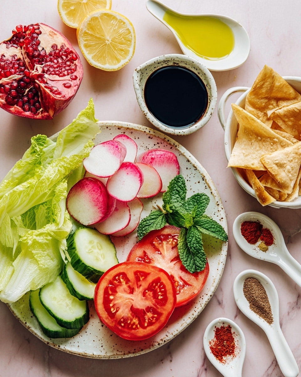 A white plate with speckled brown spots holds several halved radishes with bright white centers and red edges, two thick slices of ripe red tomato showing detailed inner textures, a quartered cucumber with light green flesh and dark green skin, and a leafy romaine lettuce cut in half showing its fresh green layers. Around the plate on a white marbled surface, there are lemon wedges in bright yellow, a halved pomegranate with deep red seeds, a small white bowl with light green olive oil, a small white bowl filled with dark balsamic vinegar, fresh green mint leaves, and three white ceramic spoons holding red spice, cracked black pepper, and sea salt. A white bowl filled with golden pita chips is on the right edge. Photo taken with an iphone --ar 4:5 --v 7