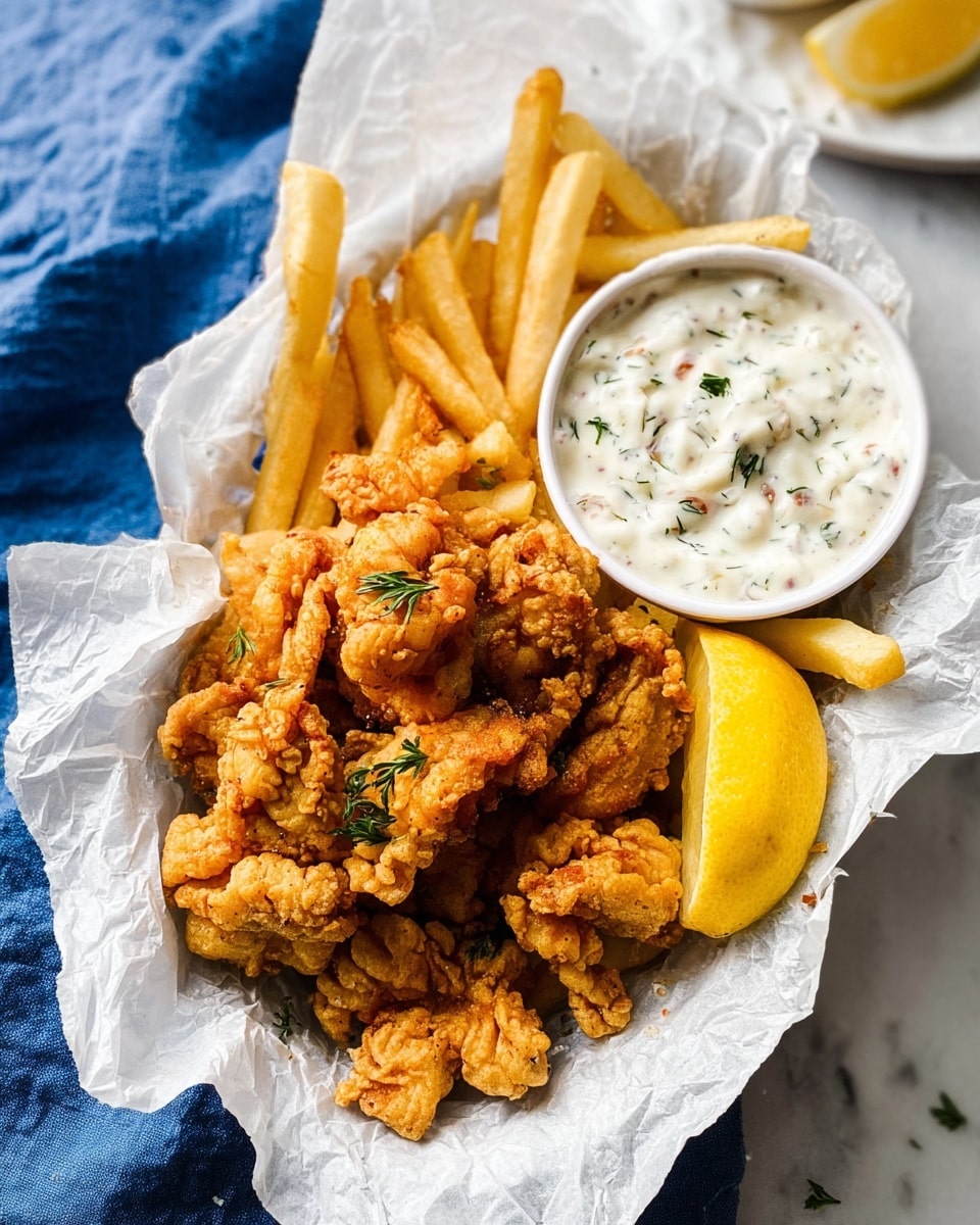 A white basket lined with crinkled white wax paper holds a serving of golden brown fried pieces layered on top of light golden French fries. On the top right side inside the basket, there is a small white cup filled with a creamy white sauce sprinkled with small green herb pieces. Next to the sauce cup, there is a bright yellow lemon wedge placed upright. The background is a white marbled surface with a blue cloth partially visible under the basket. Photo taken with an iphone --ar 4:5 --v 7