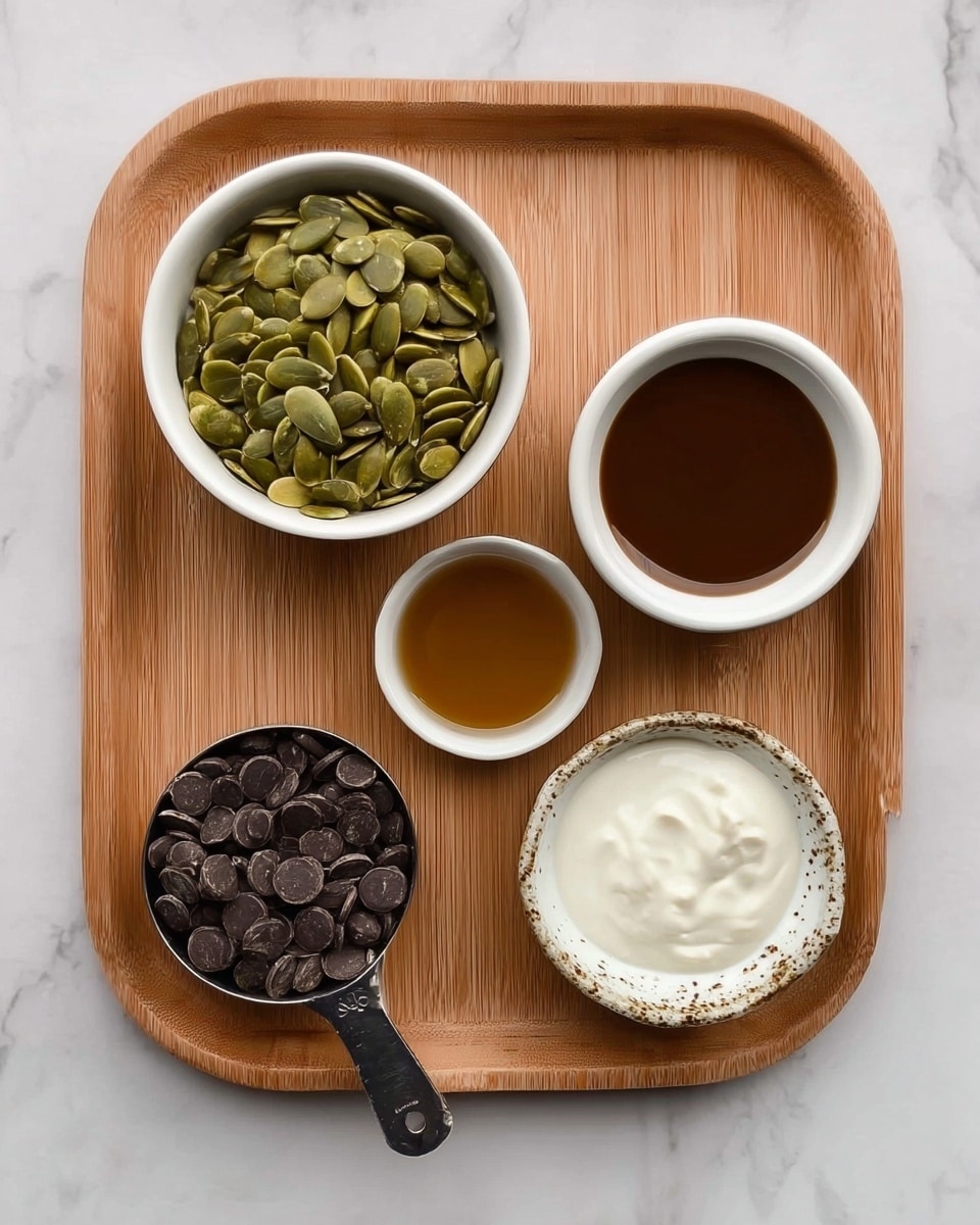 The image shows a wooden tray with five small containers placed on it, all set against a white marbled surface. At the top center is a white bowl filled with green pumpkin seeds, showing their flat and oval shapes. To the right is a small white bowl with a dark brown liquid inside, smooth and shiny. At the bottom left is a dark measuring cup filled with round, black chocolate pieces with a shiny texture. In the middle bottom is a small white bowl holding a light brown syrup with a clear, smooth look. At the bottom right is a small, rustic white dish with a thick white creamy substance that looks smooth with tiny black specks. photo taken with an iphone --ar 4:5 --v 7