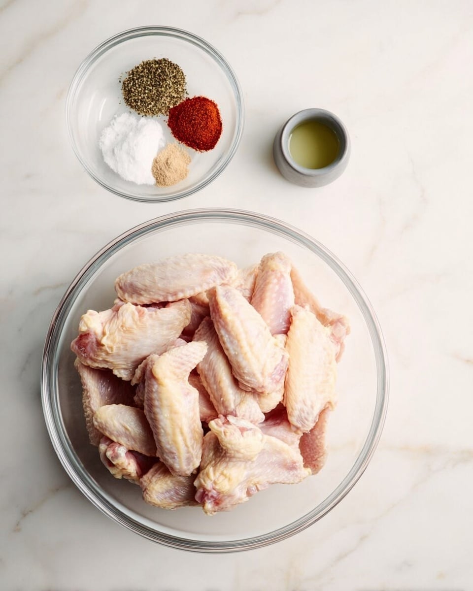 A large clear glass bowl filled with many raw chicken wings, pale pink with light yellow skin, sits on a white marbled surface. Above it, a smaller clear glass bowl holds four neatly separated piles of spices: black pepper, white salt, red paprika, and beige garlic powder. Next to it, a tiny gray cup contains a light green liquid, likely a marinade or sauce. The clean, bright setting highlights the fresh ingredients prepared for cooking. photo taken with an iphone --ar 4:5 --v 7