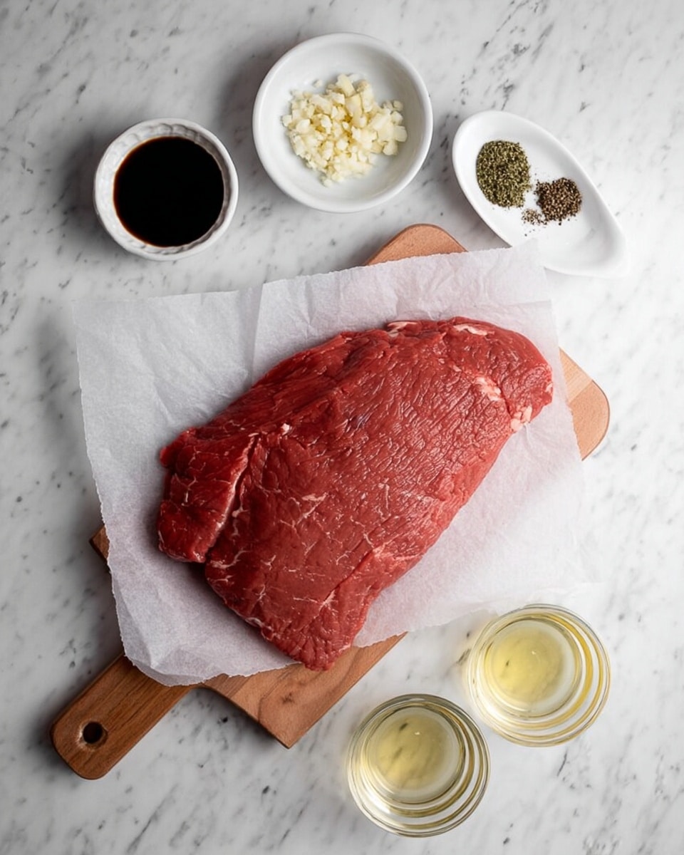 A large piece of raw red meat lays flat on a piece of white parchment paper over a wooden cutting board, centered on a white marbled surface. Above the meat are two small white dishes, one with minced garlic, and the other divided into two halves containing black pepper and dried green herbs. Below the meat are two small clear glass containers, one with a dark liquid and the other with a pale yellow liquid. The setup is simple and clean, with bright natural lighting. Photo taken with an iphone --ar 4:5 --v 7