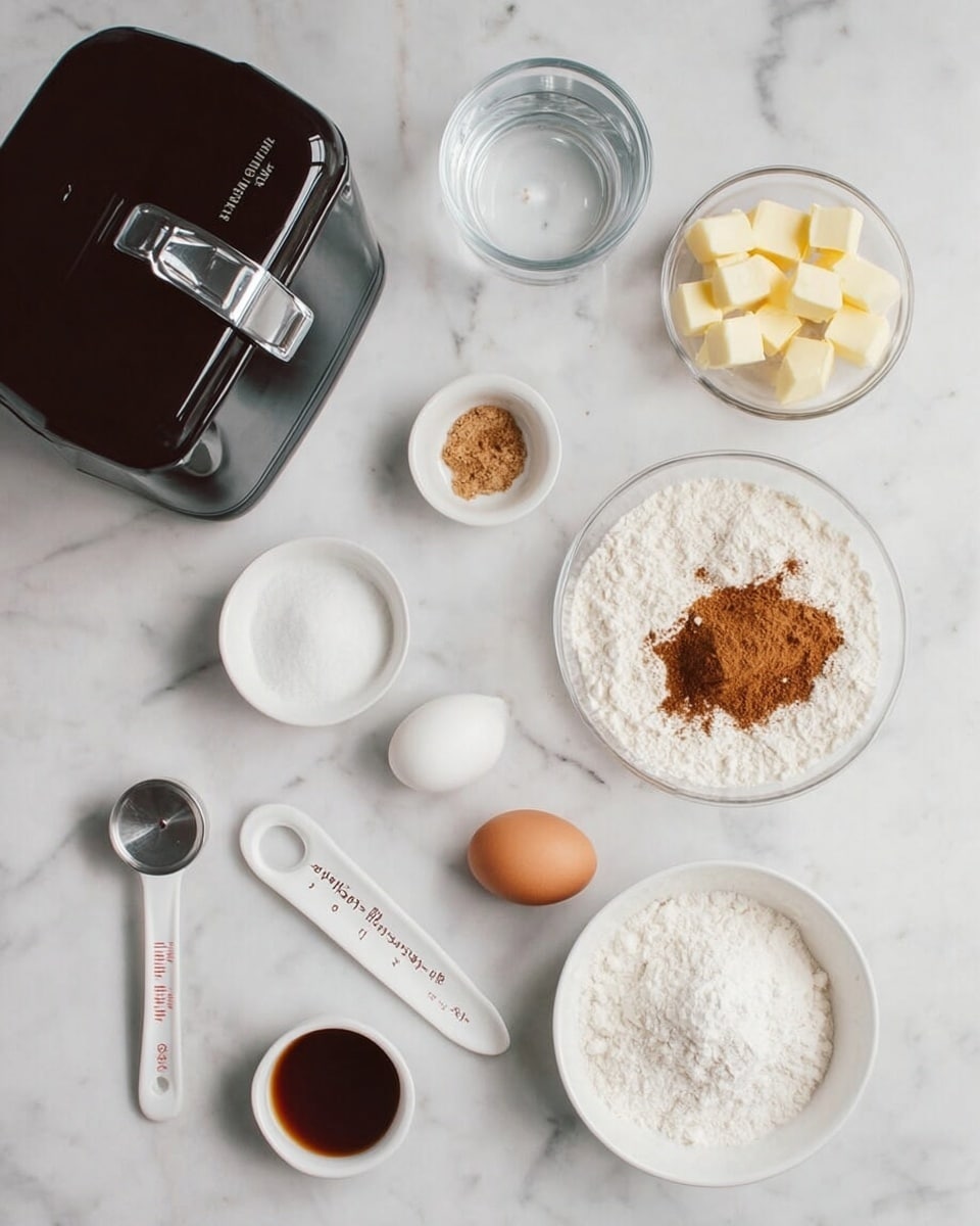 The image shows a top view of baking ingredients arranged on a white marbled surface. At the top left, there is a black appliance with a clasp. Below it, a glass cup filled with water sits near the center left. Next to this on the right is a small clear bowl containing several small cubes of butter. There are several small white bowls spread around: one on the upper right holds a spoon filled with brown powder over a bed of white granulated sugar; one on the middle right has a small amount of brown spice; one on the lower center contains white flour. A white spoon with an egg is placed near the center. At the lower left, a tiny bowl holds a dark liquid with a white measuring spoon labeled