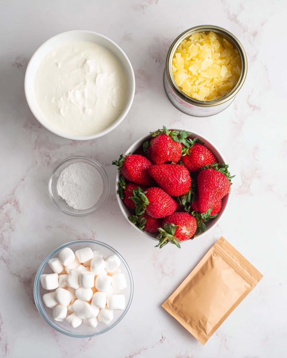 The image shows five groups of ingredients placed on a white marbled surface. In the center, there is a white bowl filled with ripe red strawberries with green tops. To the top left, there is a white bowl filled with a thick white cream. To the top right, an open silver can contains yellow crushed pineapple. At the bottom left, a clear measuring cup holds small white marshmallows, and at the bottom right, an unopened light brown paper packet is placed flat on the surface. The ingredients are spaced evenly and clearly visible. Photo taken with an iphone --ar 4:5 --v 7