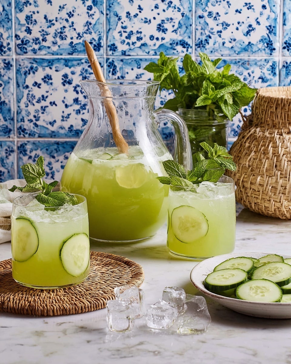 A large clear glass jug filled halfway with light green juice sits on a wicker coaster, with a wooden spoon inside the jug. In front, two short clear glasses contain the same juice with ice cubes, round cucumber slices, and fresh green mint leaves as garnish on top. To the right, a white plate holds several cucumber slices, and a few slices along with scattered ice cubes lie on the white marbled surface. Behind the drinks, a glass jar filled with fresh mint leaves stands next to a small woven basket, all set against a blue and white floral patterned tile background. Photo taken with an iphone --ar 4:5 --v 7