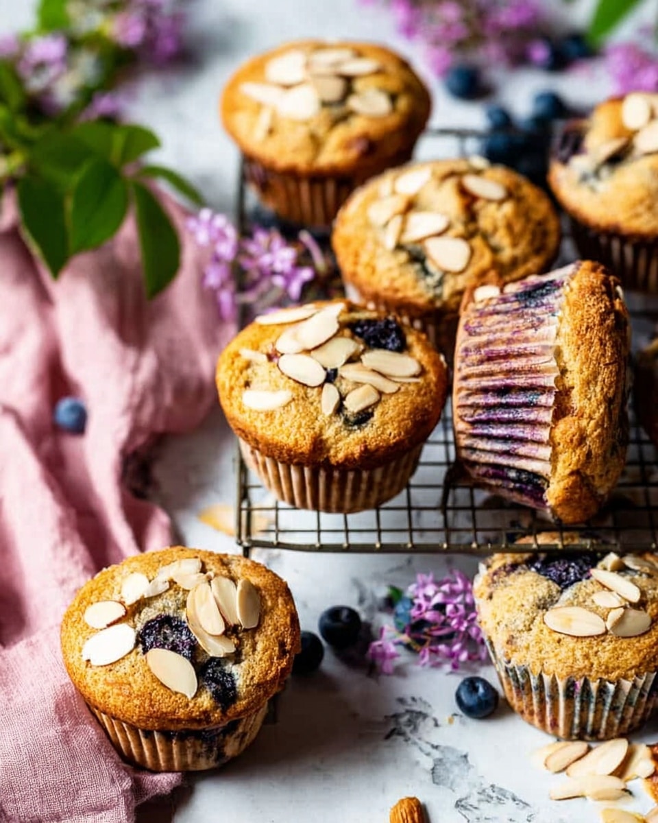 The image shows a stack of golden brown muffins with a slightly rough texture, each topped with thin, light beige almond slices and small dark blueberry pieces embedded through the tops and sides. The muffins are wrapped in paper liners with a light vertical stripe pattern. They are piled on a white scalloped plate with a thin blue edge, sitting on a soft pink cloth over a white marbled surface. In one photo, a woman's hand reaches in from the right side, lifting one muffin. There are purple lilac flowers in the background adding a touch of color and softness. Photo taken with an iphone --ar 4:5 --v 7