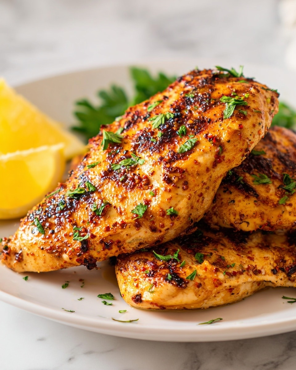 On a white plate, there are three golden-brown grilled chicken pieces stacked slightly on top of each other. The chicken looks juicy with a textured surface, showing charred spots and small red spices scattered across. Fresh green parsley leaves are sprinkled on the chicken, adding a pop of color. In the background, partially visible, are some lemon halves adding a bright yellow contrast. The plate sits on a white marbled surface. photo taken with an iphone --ar 4:5 --v 7
