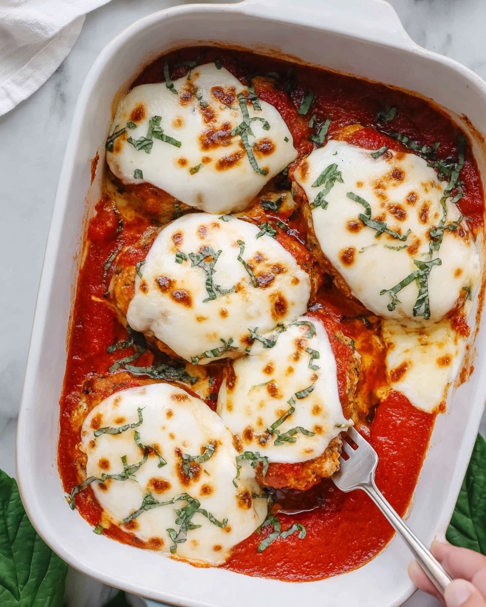 The image shows a white baking dish filled with six pieces of food covered in red tomato sauce and melted, lightly browned white cheese on top, garnished with small green herb pieces. The pieces are arranged in two rows inside the dish, which sits on a white marbled surface with a few green basil leaves scattered nearby. A utensil with a black handle is lifting one piece, revealing the layers underneath, including the tomato sauce and melted cheese. The edges of the dish have some sauce smudges, adding a homemade feel to the scene. Photo taken with an iphone --ar 4:5 --v 7