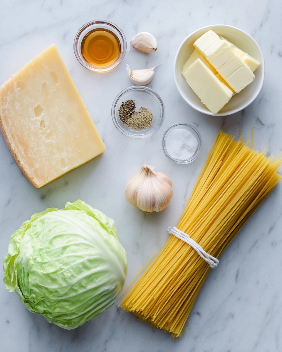 The image shows a white marbled surface with a bunch of uncooked yellow spaghetti tied with a white string positioned near the center. To the right of the pasta, there is a round light green cabbage and a whole yellow onion. On the left side, there is a large piece of pale yellow hard cheese placed diagonally, a white bowl with two slabs of butter, and three peeled garlic cloves near it. Above the pasta, there are two small clear glass bowls; one contains a brown liquid, the other holds black pepper and white salt. The whole setup is well lit with soft natural light, arranged neatly and spaced out across the white marbled surface photo taken with an iphone --ar 4:5 --v 7