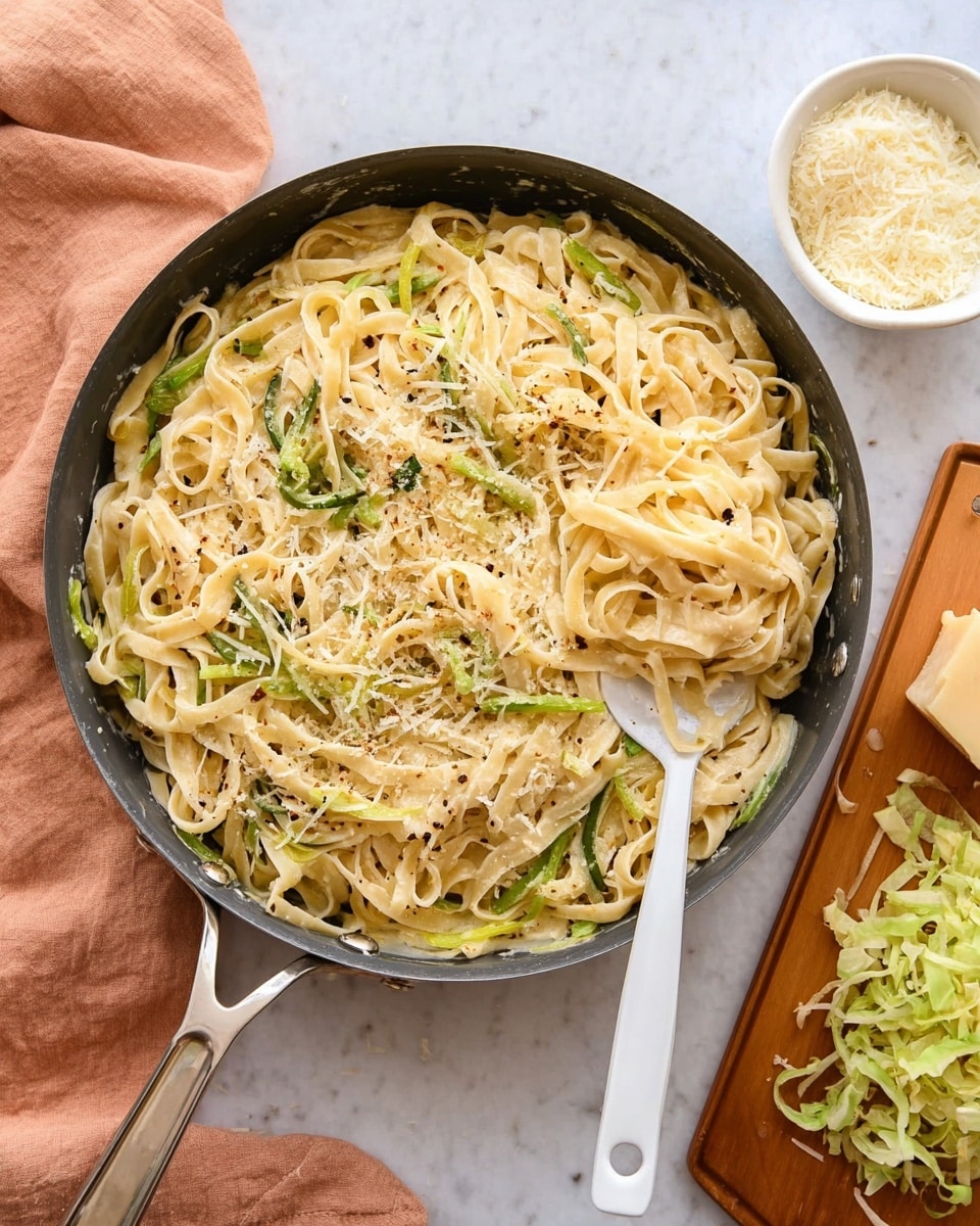 A white bowl holds a serving of fettuccine pasta mixed with a creamy sauce and shredded light green cabbage. The pasta looks soft and coated evenly, topped with a light layer of shredded white cheese and a sprinkle of ground black pepper. A silver fork is placed on the right side inside the bowl. In the background, there is a larger white bowl filled with more pasta on a white marbled surface. To the left, a wooden board displays a wedge of hard cheese with some crumbs around it, and a soft peach-colored cloth is laid next to the bowl. photo taken with an iphone --ar 4:5 --v 7