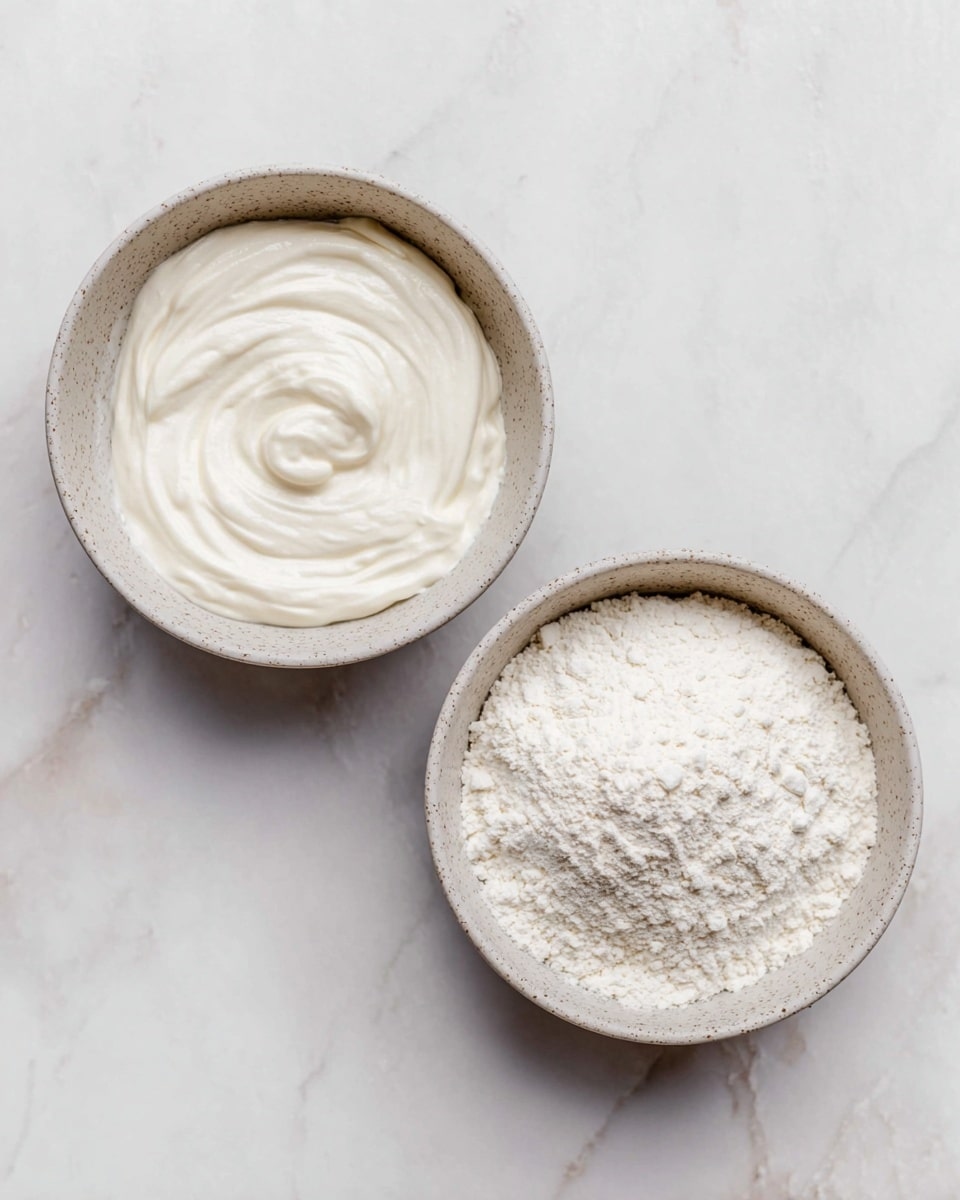 Two round bowls sit side by side on a white marbled surface, each filled with different ingredients. The left bowl holds a smooth, creamy layer of thick white yogurt with gentle swirls on its surface, while the right bowl contains fine, white flour with a slightly uneven texture. Both bowls are light gray with a speckled finish, giving them a natural, rustic look. photo taken with an iphone --ar 4:5 --v 7