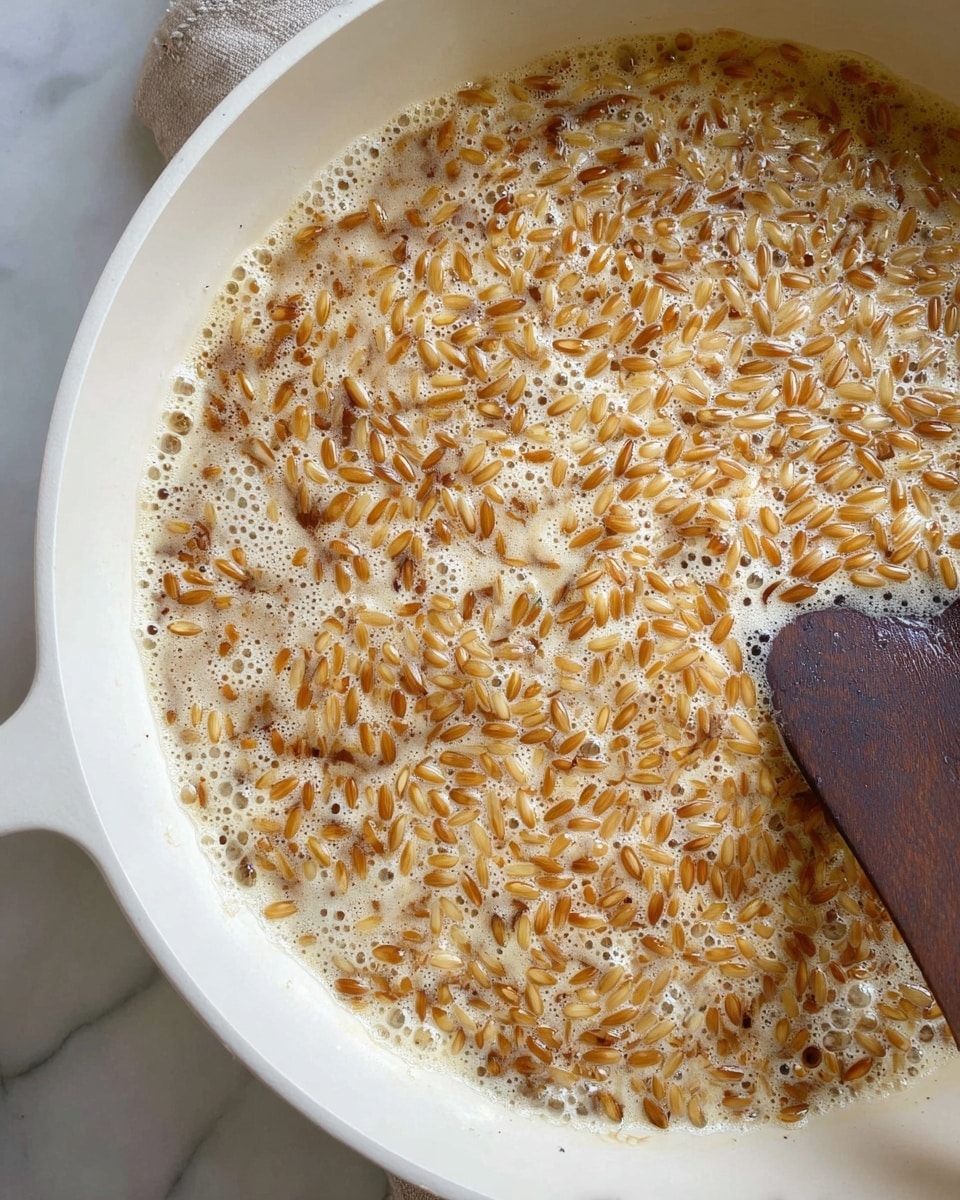 Inside a white pan is a single layer of small rice grains mixed with foam and liquid. The grains are light brown with some darker toasted spots, sitting in a creamy beige broth with bubbles around them. A dark wooden spoon is on the right edge, touching the grains. The pan’s surface contrasts softly with the white marbled background. photo taken with an iphone --ar 4:5 --v 7