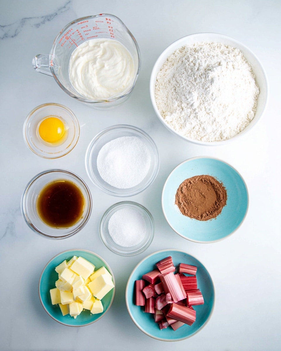 The image shows eight small white and light blue bowls and glass containers arranged on a white marbled surface, each holding different ingredients. Starting from the top right, there is a large white bowl filled with white flour, next to it a glass measuring cup with thick white cream. Below the cream, a small clear bowl with white powder sits beside a similar bowl holding brown syrup or vanilla extract. To the left, there is a small glass bowl with one raw egg yolk and a separate bowl with one whole raw egg, both bright yellow. Three light blue bowls contain other ingredients: melted yellow butter, white sugar, and brown sugar. Another light blue bowl holds chopped rhubarb pieces topped with a small pile of white powder. The whole setup is bright, clean, and organized in a flat lay style. Photo taken with an iphone --ar 4:5 --v 7
