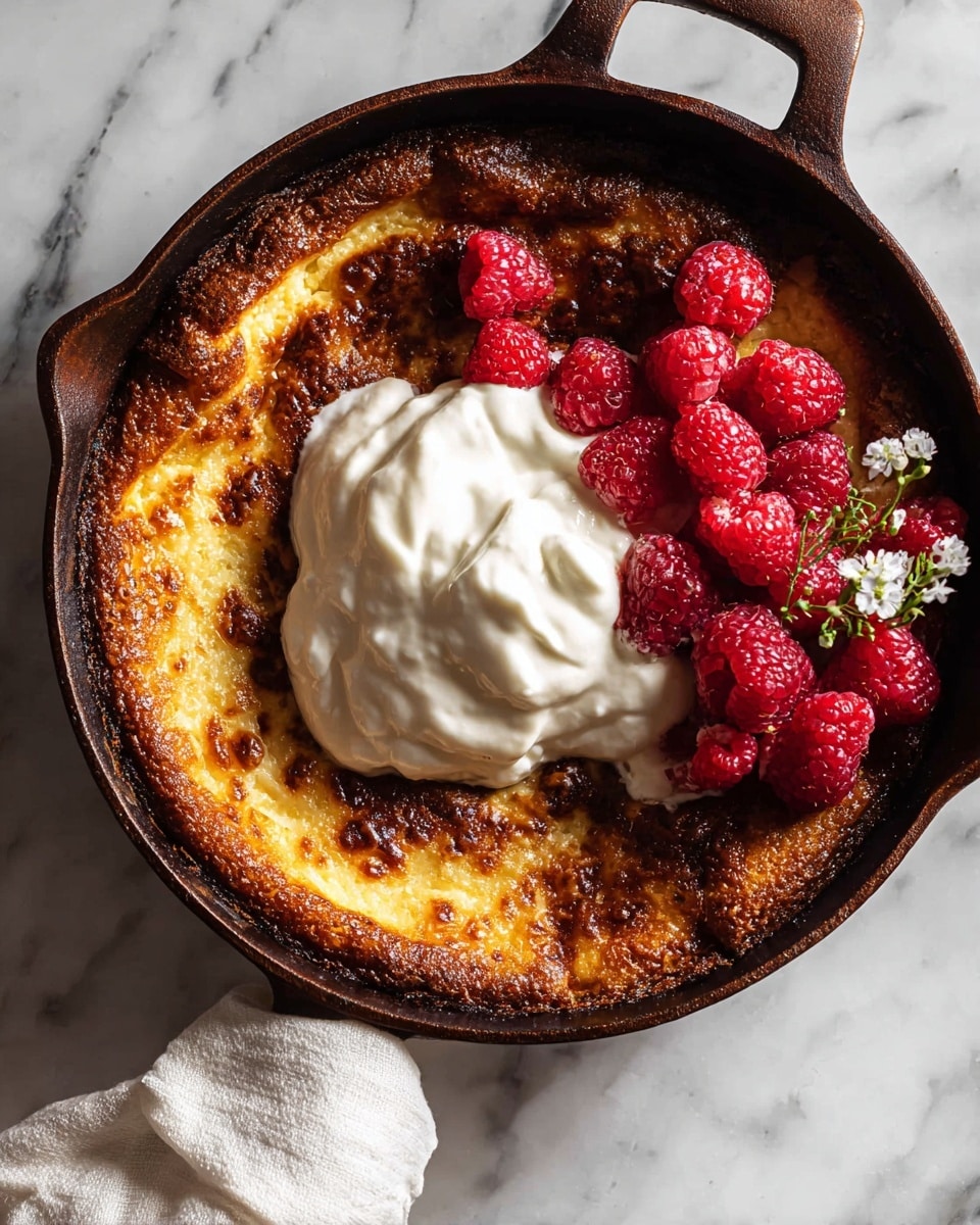 A dark cast iron pan holds a golden-brown baked dish with a slightly crispy, bubbled edge, topped with a large dollop of smooth, white whipped cream mostly covering the right side. Bright red raspberries rest on top of the whipped cream and around the edges, with a few small white flowers as garnish. The pan is set on a white marbled surface, and a white cloth hangs from the pan’s handle. Photo taken with an iphone --ar 4:5 --v 7