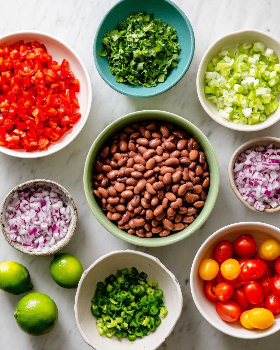 An overhead view shows several bowls with different chopped ingredients arranged on a white marbled surface. In the center, a bowl is full of brown beans, surrounded by smaller bowls containing red diced bell peppers in a green bowl, chopped red onions in a white bowl, chopped green bell peppers, sliced green onions, chopped cilantro, and halved red and yellow cherry tomatoes in white bowls. Three whole green limes are placed near the bottom left. The colors are bright and fresh, with a mix of red, green, and brown shades. photo taken with an iphone --ar 4:5 --v 7