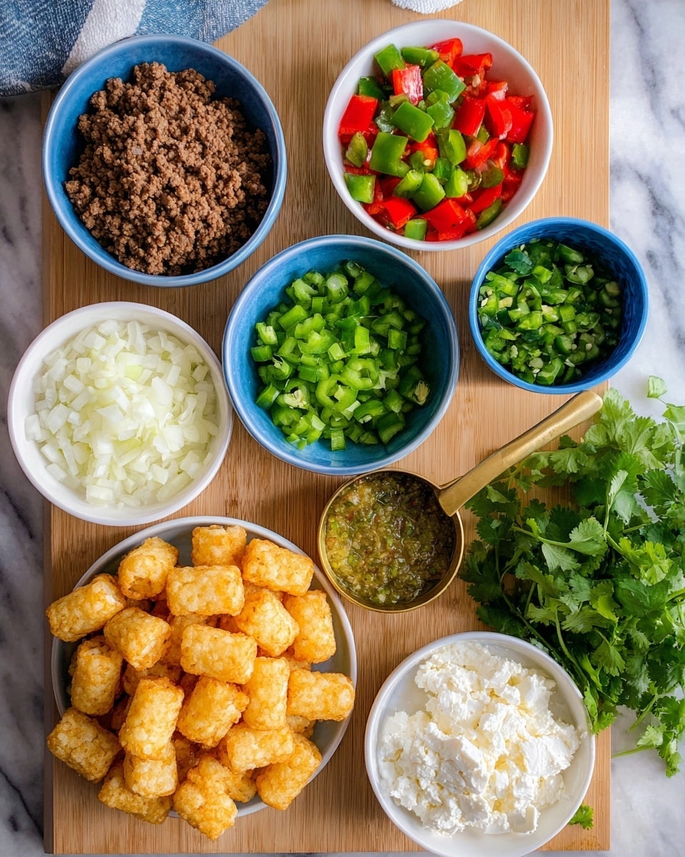 The image shows a wooden board with several small white bowls and a blue bowl arranged neatly with different ingredients. The top left bowl contains cooked brown ground meat, and next to it on the right is a white bowl with chopped red and green bell peppers. Below that is a small white bowl filled with chopped green jalapeños and beside it to the right is a blue bowl holding creamy white soft cheese. At the bottom left, there is another white bowl filled with chopped white onions. Spread across the board are light golden frozen tater tots, and nearby is a gold measuring cup filled with green salsa. On the bottom right corner, a bunch of fresh green cilantro leaves adds color. The entire setup rests on a white marbled surface, and the photo is taken with an iphone --ar 4:5 --v 7